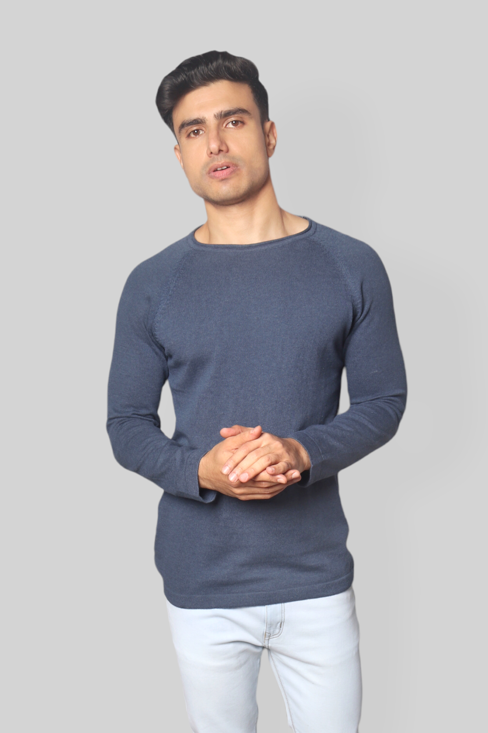 Airforce Blue Flat Knit Rough neck Full Sleeve T-shirt