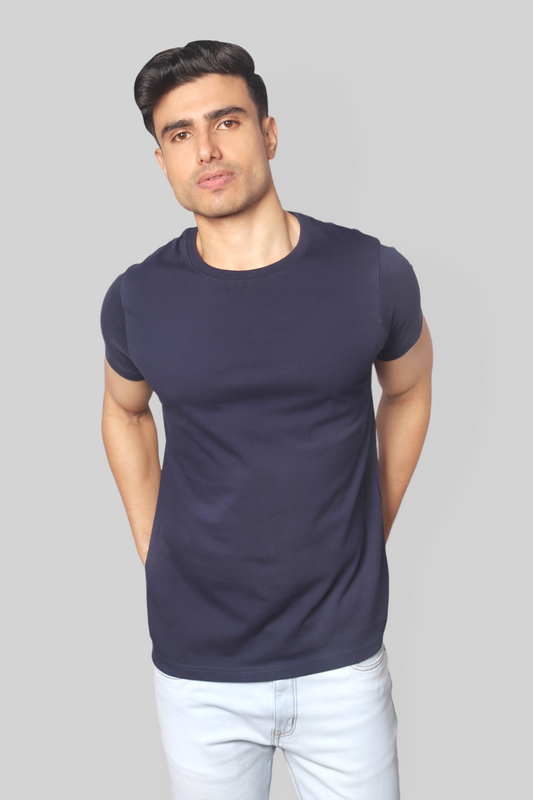 Solid Airforce Blue plain Round Neck Cotton Tshirt for men