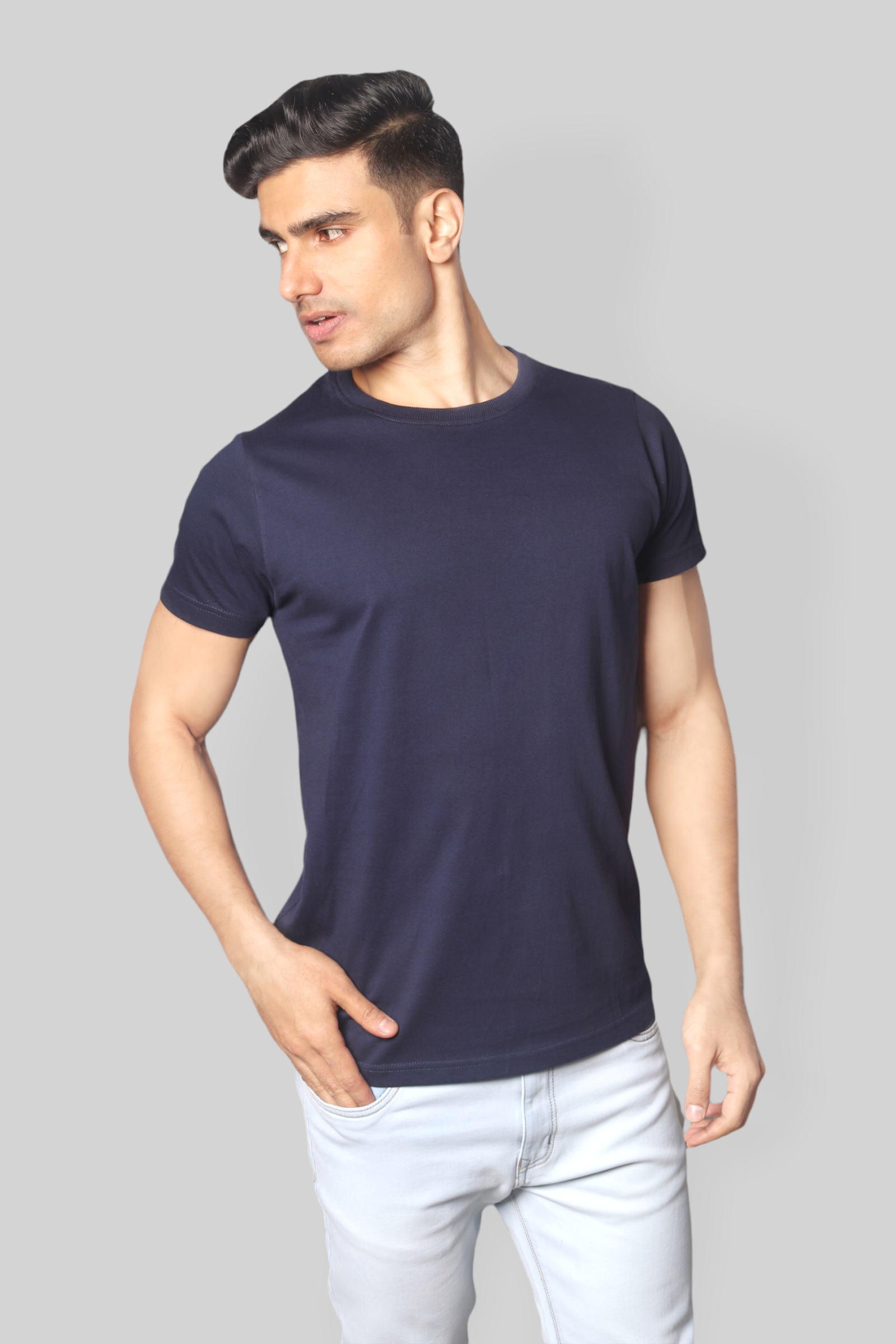 Solid Airforce Blue plain Round Neck Cotton Tshirt for men