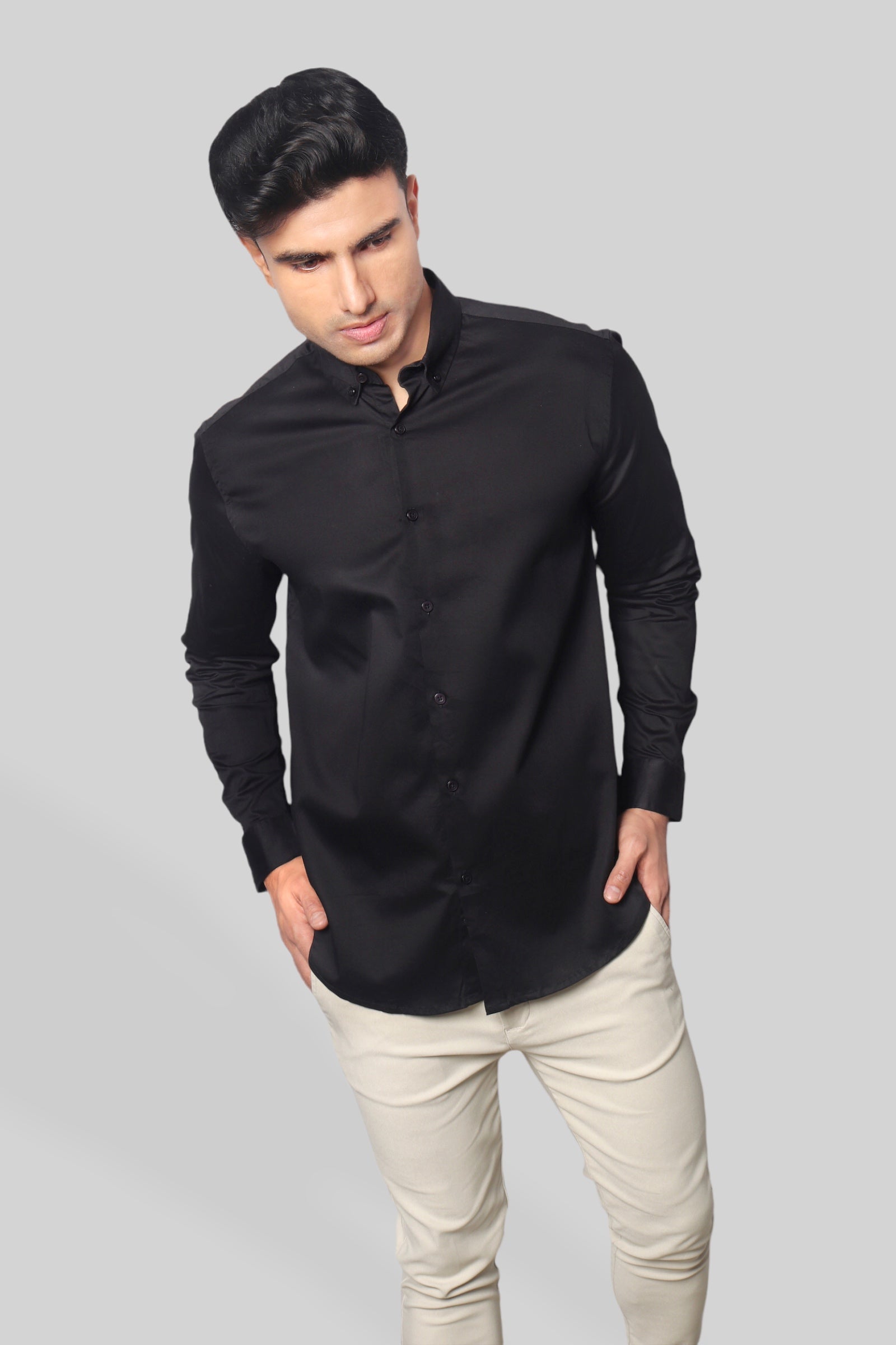 Black Cotton Satin Stretch Party shirt for men