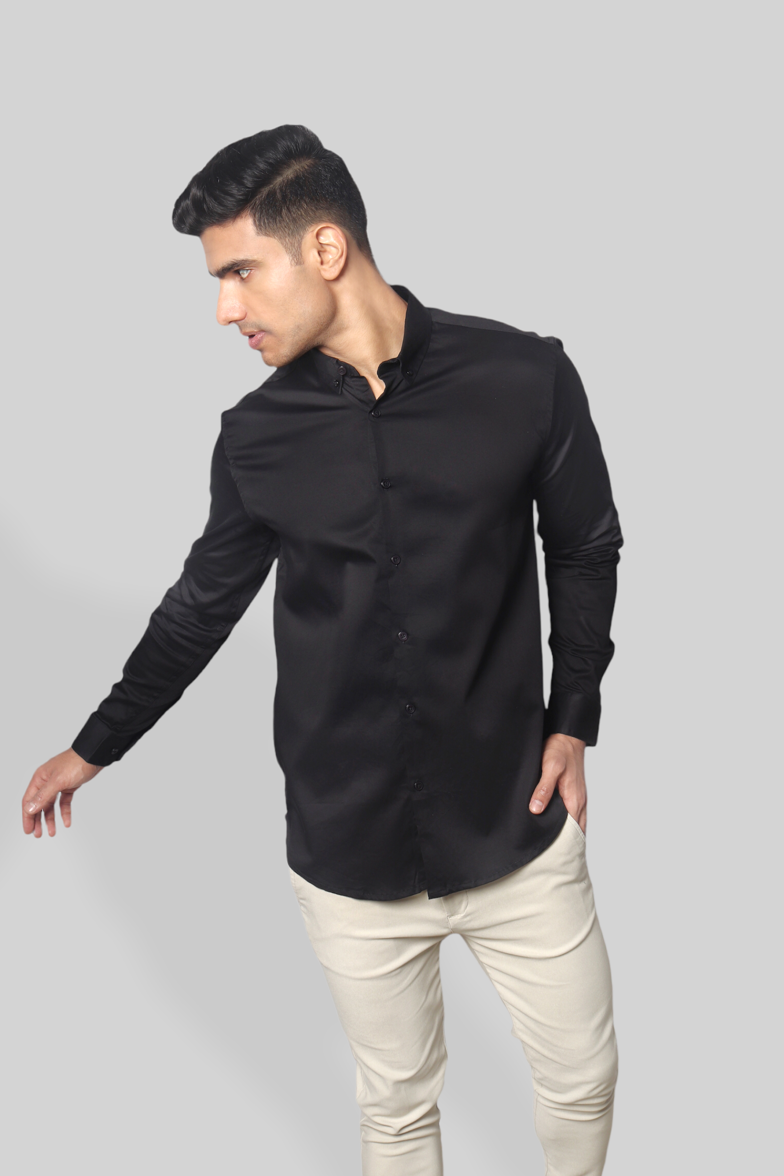 Black Cotton Satin Stretch Party shirt for men