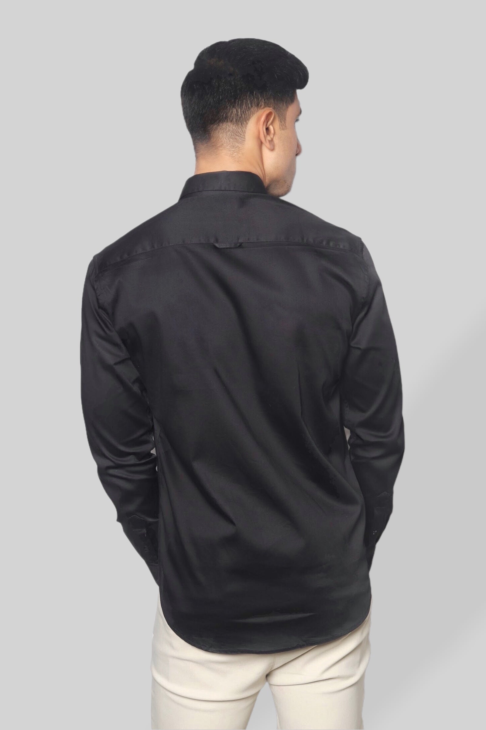 Black Cotton Satin Stretch Party shirt for men