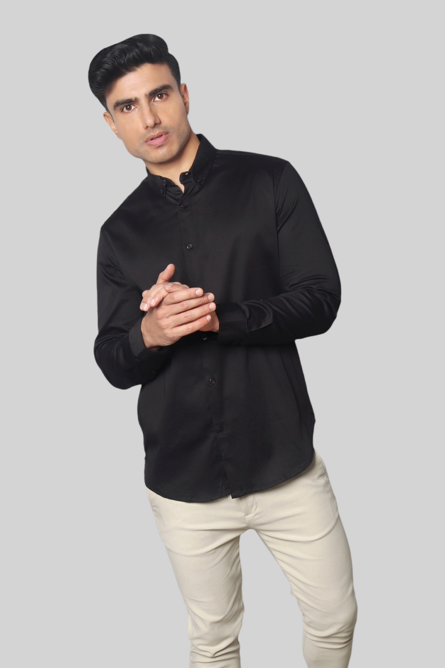 Black Cotton Satin Stretch Party shirt for men