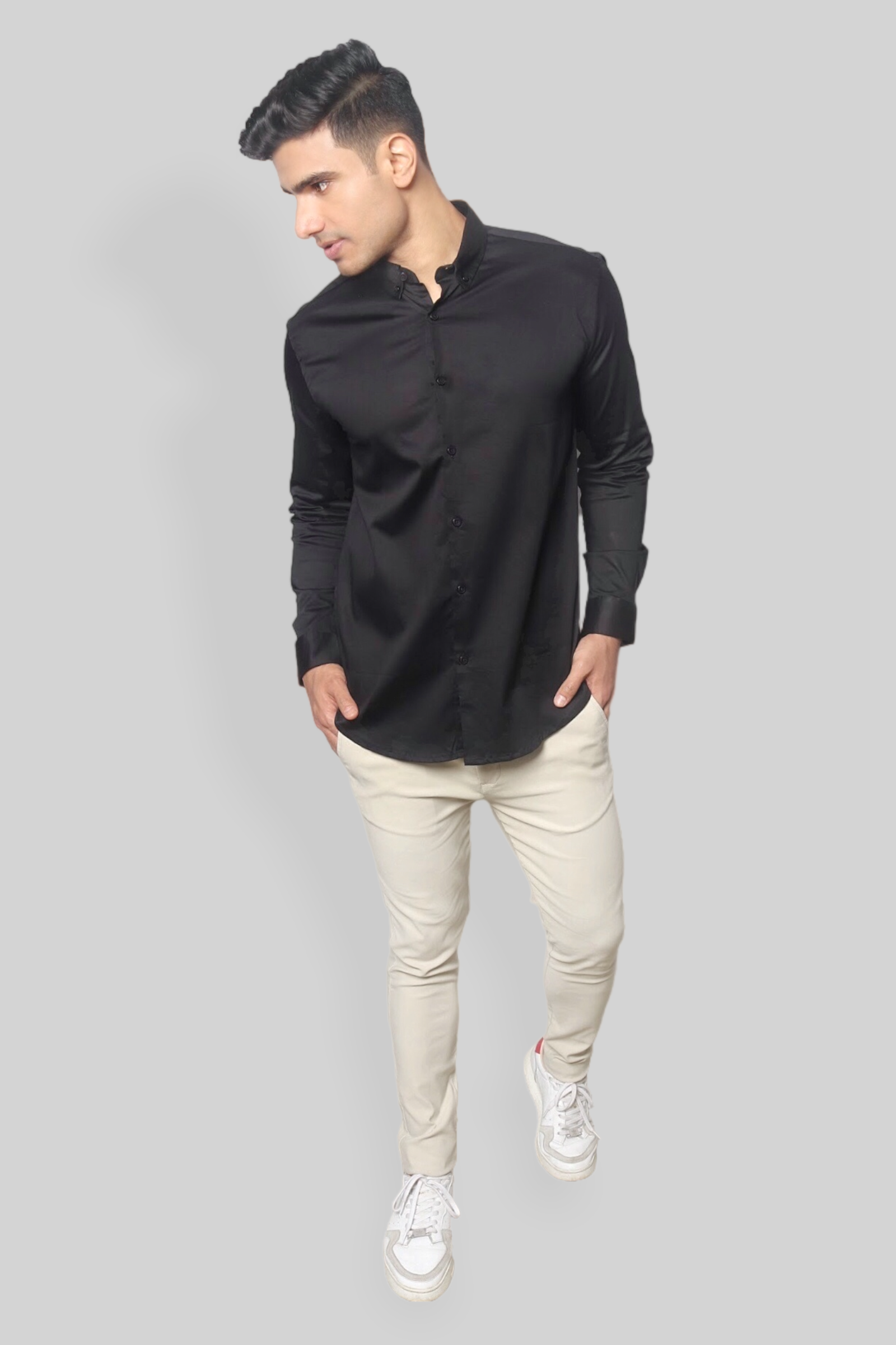 Black Cotton Satin Stretch Party shirt for men