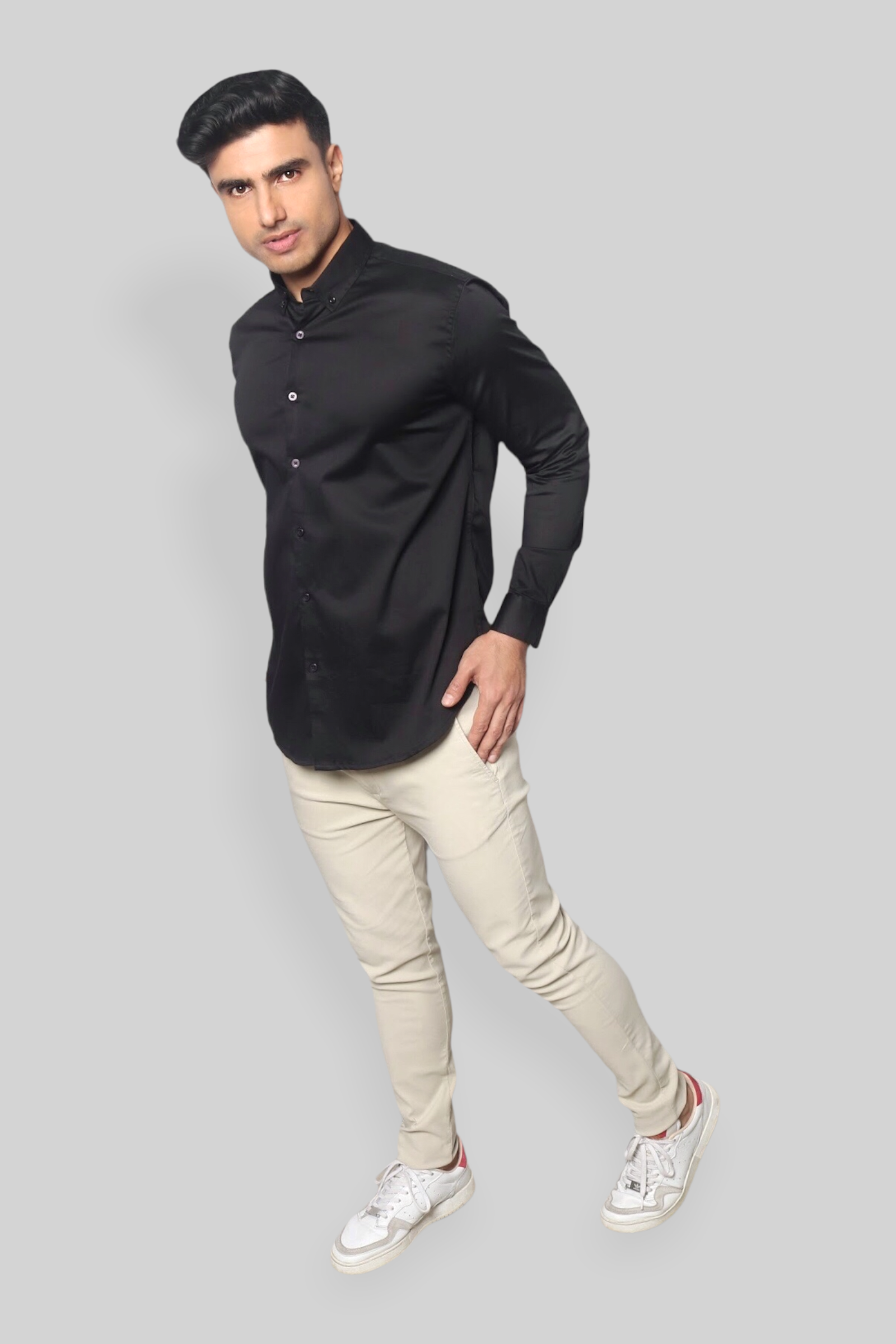 Black Cotton Satin Stretch Party shirt for men