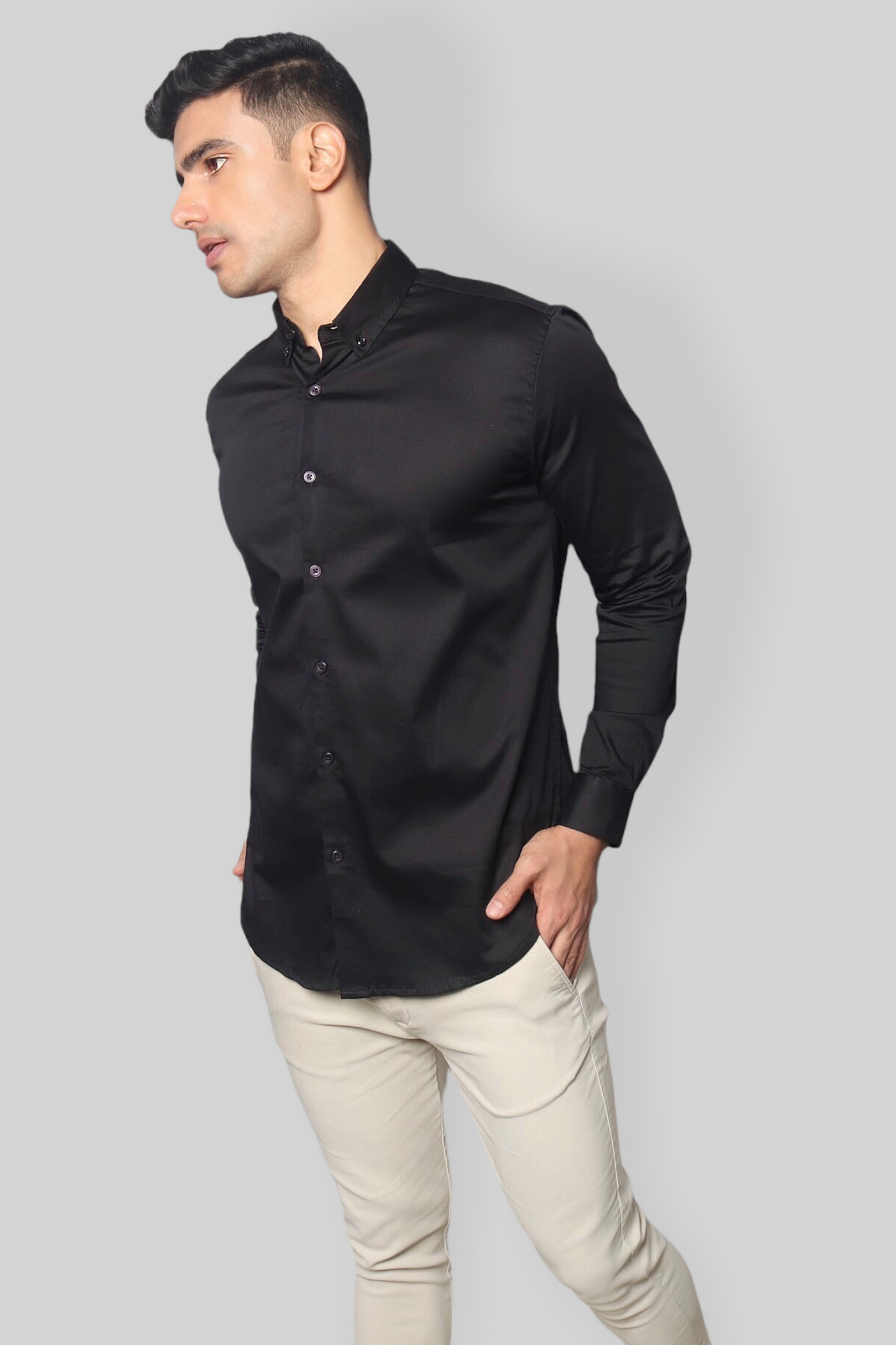 Black Cotton Satin Stretch Party shirt for men