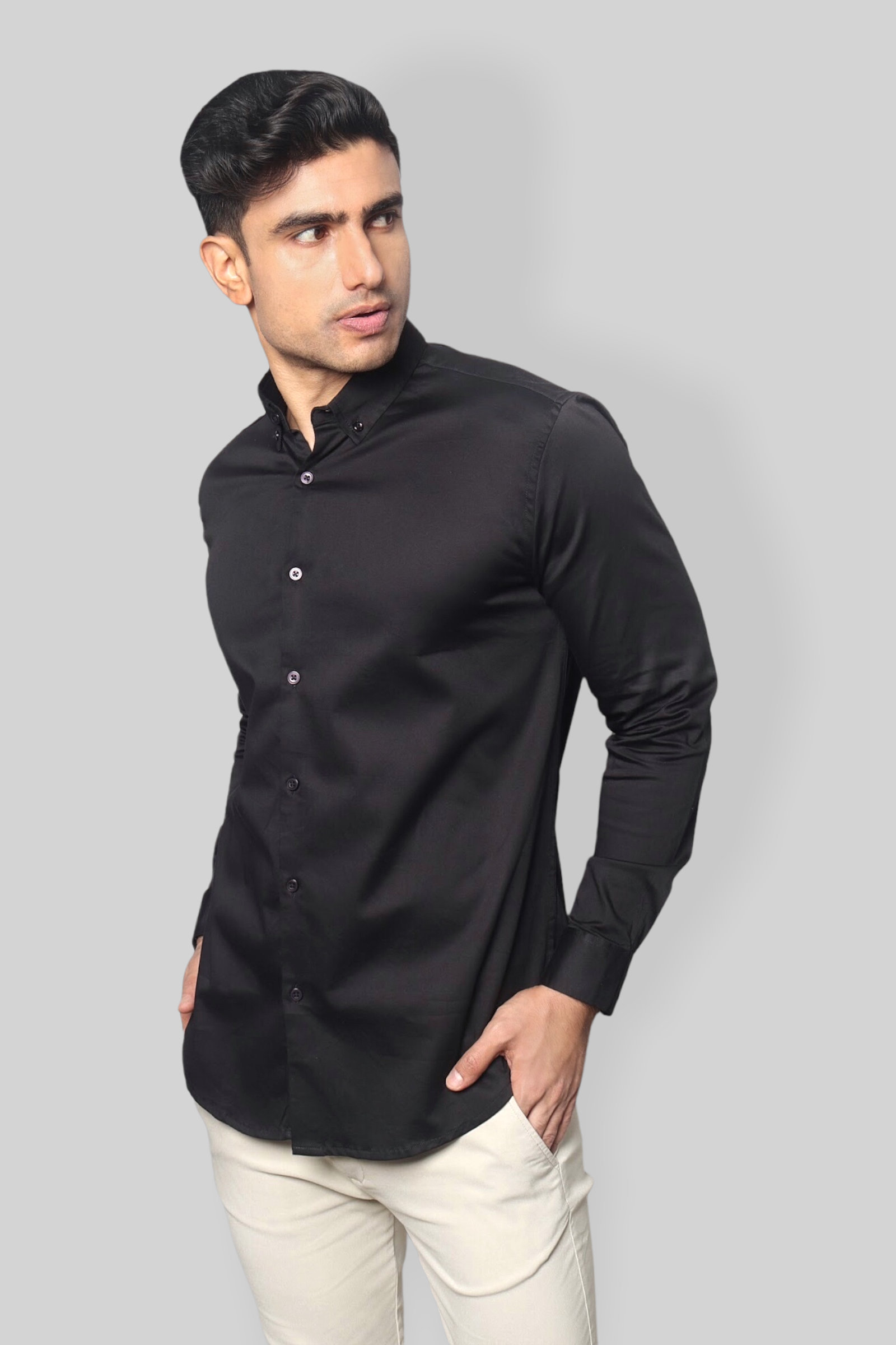 Black Cotton Satin Stretch Party shirt for men