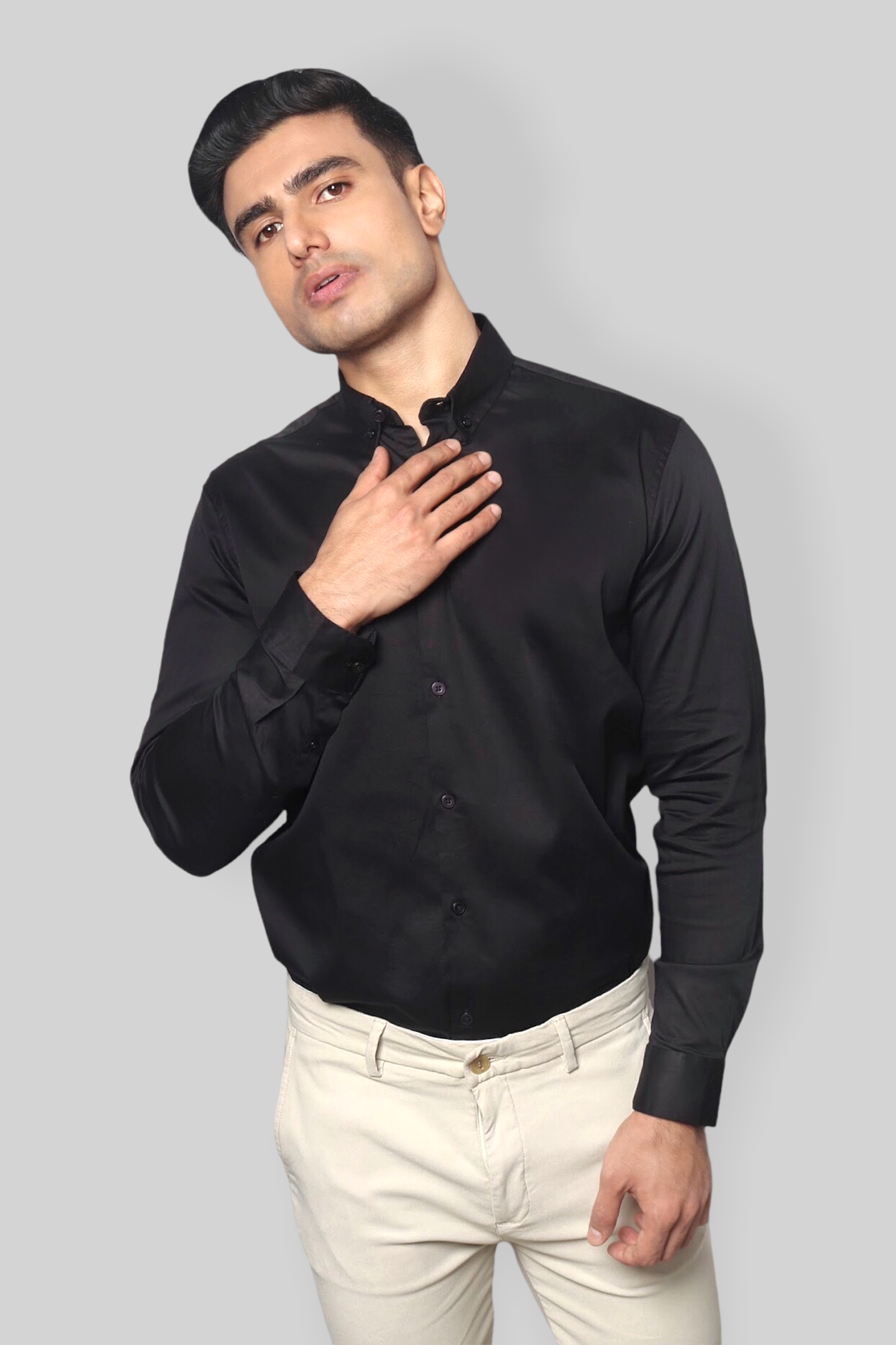 Black Cotton Satin Stretch Party shirt for men