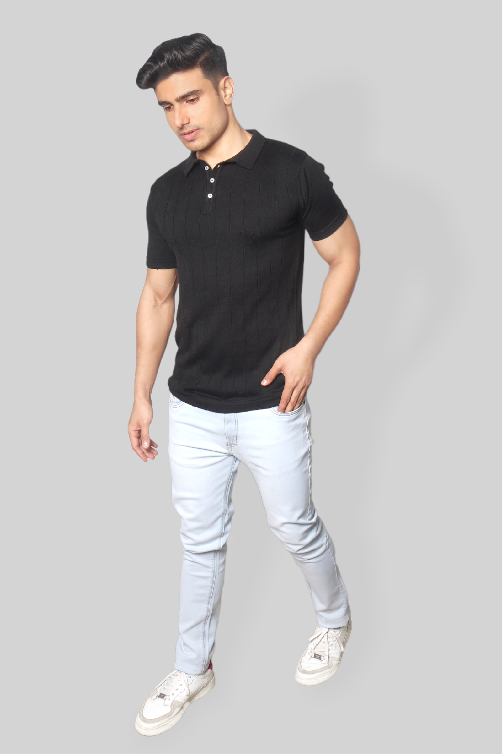 Black Half Sleeve self textured Flat Knit Collar T-Shirt