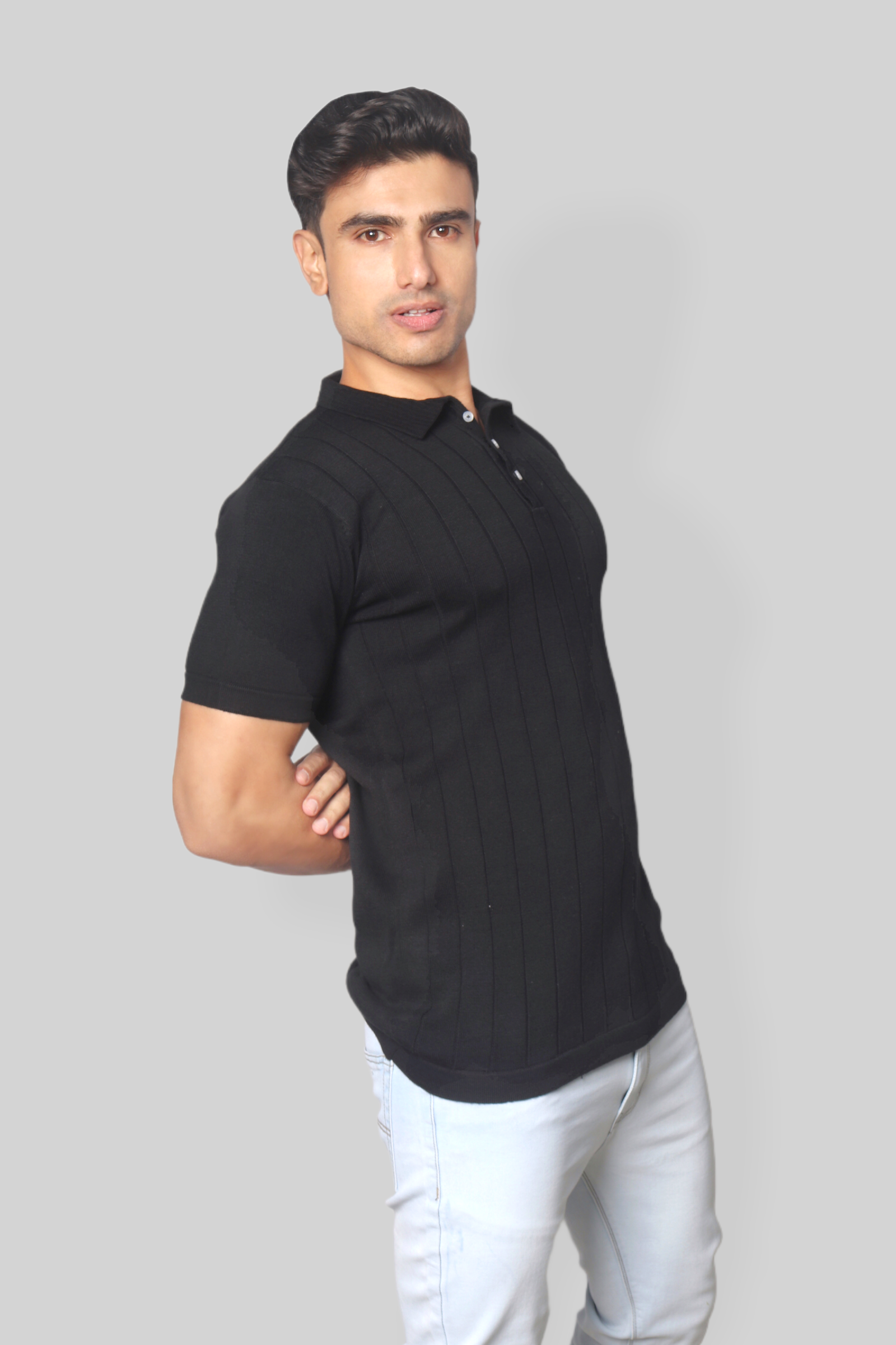 Black Half Sleeve self textured Flat Knit Collar T-Shirt