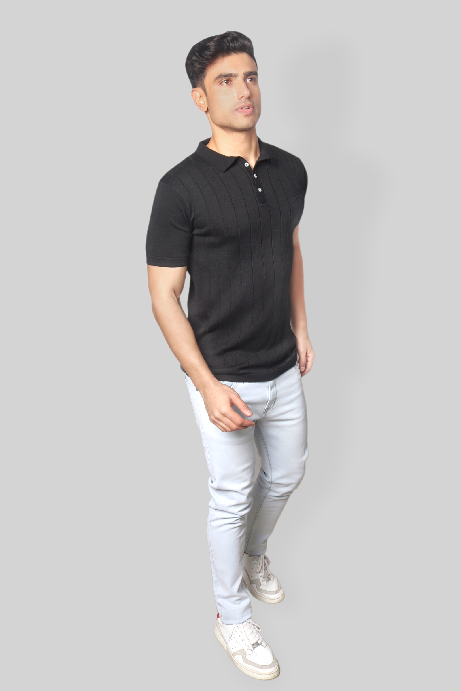 Black Half Sleeve self textured Flat Knit Collar T-Shirt