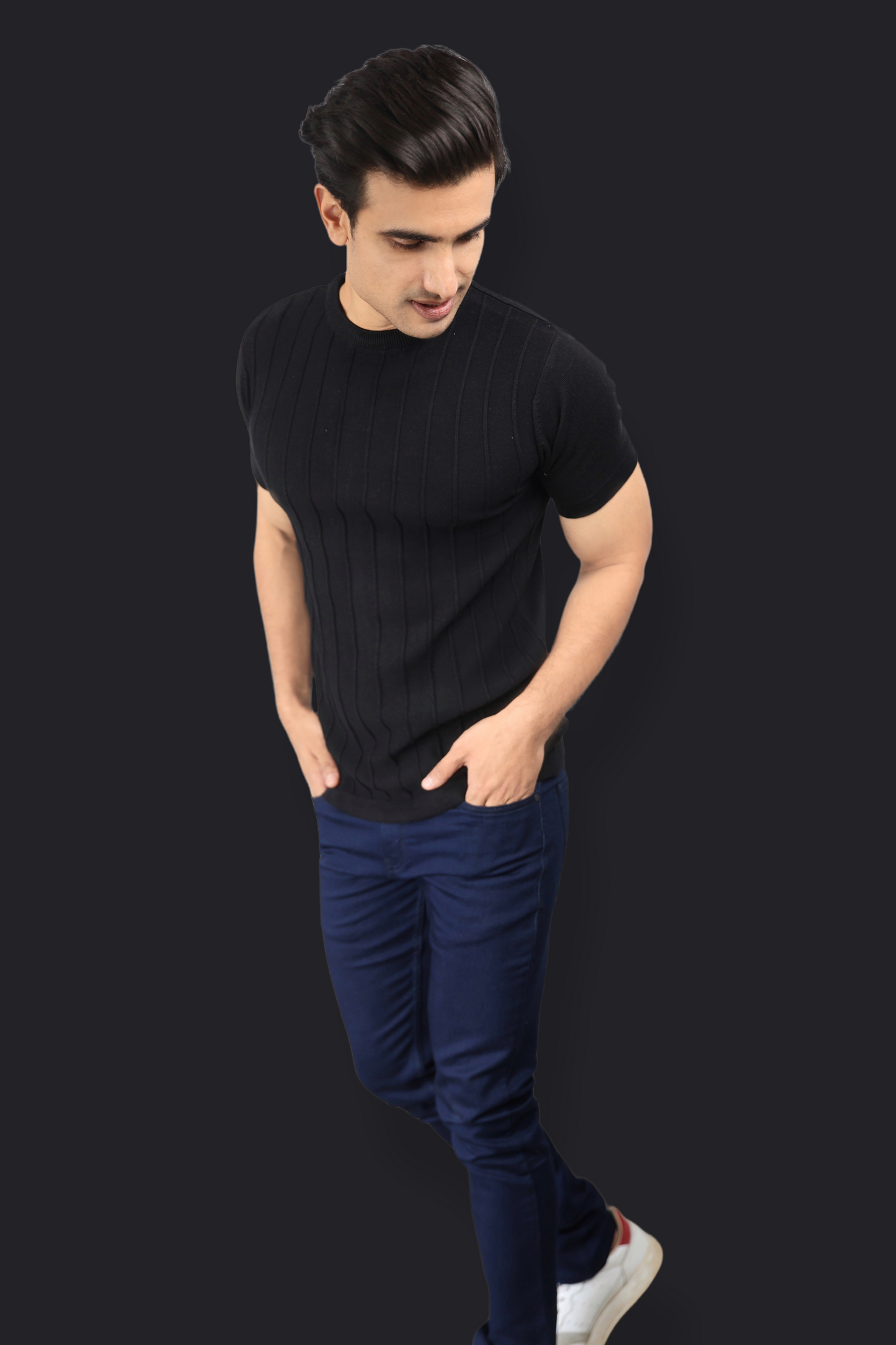Black Half Sleeve Flat Knit self striped Round neck T-Shirt for men