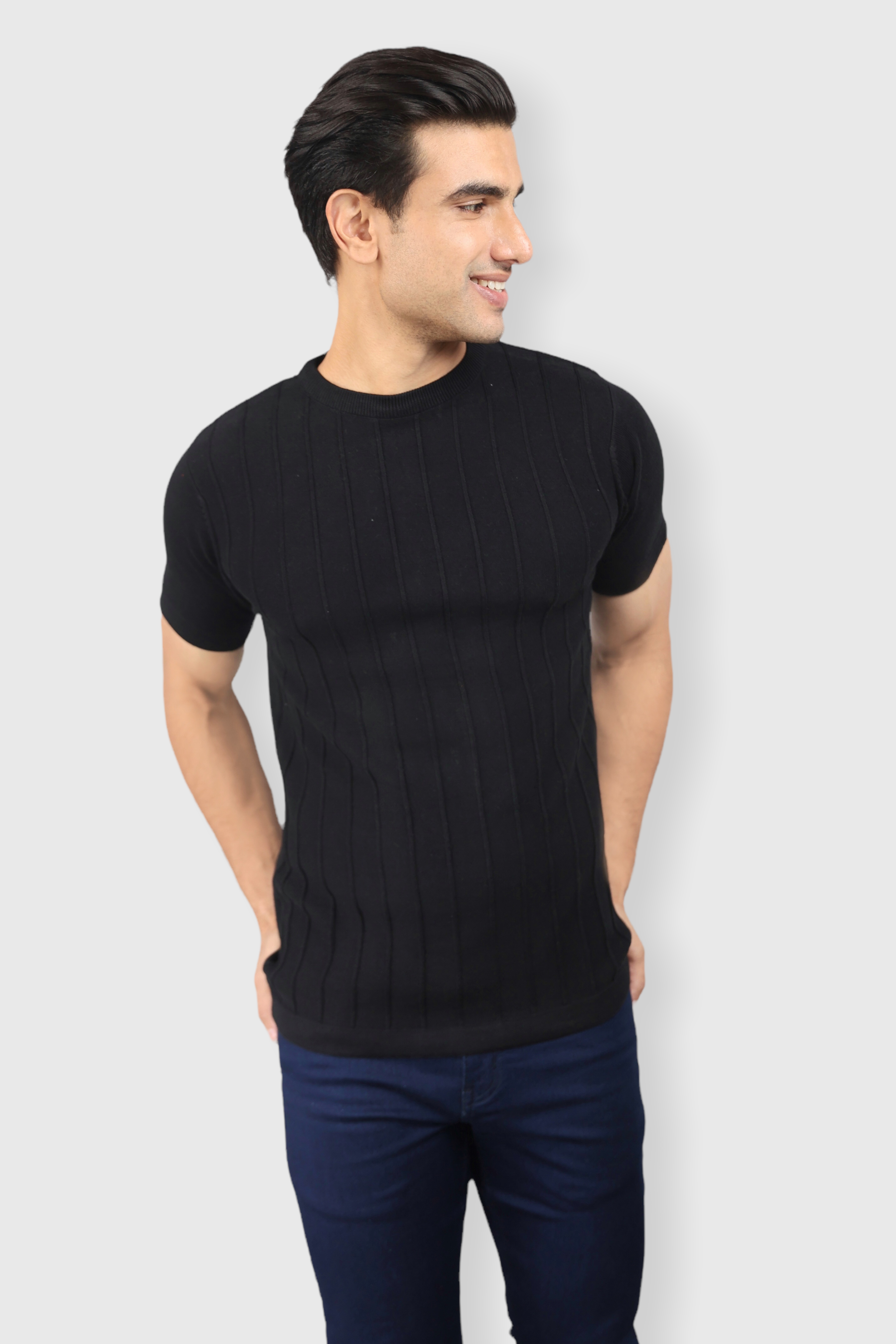 Black Half Sleeve Flat Knit self striped Round neck T-Shirt for men