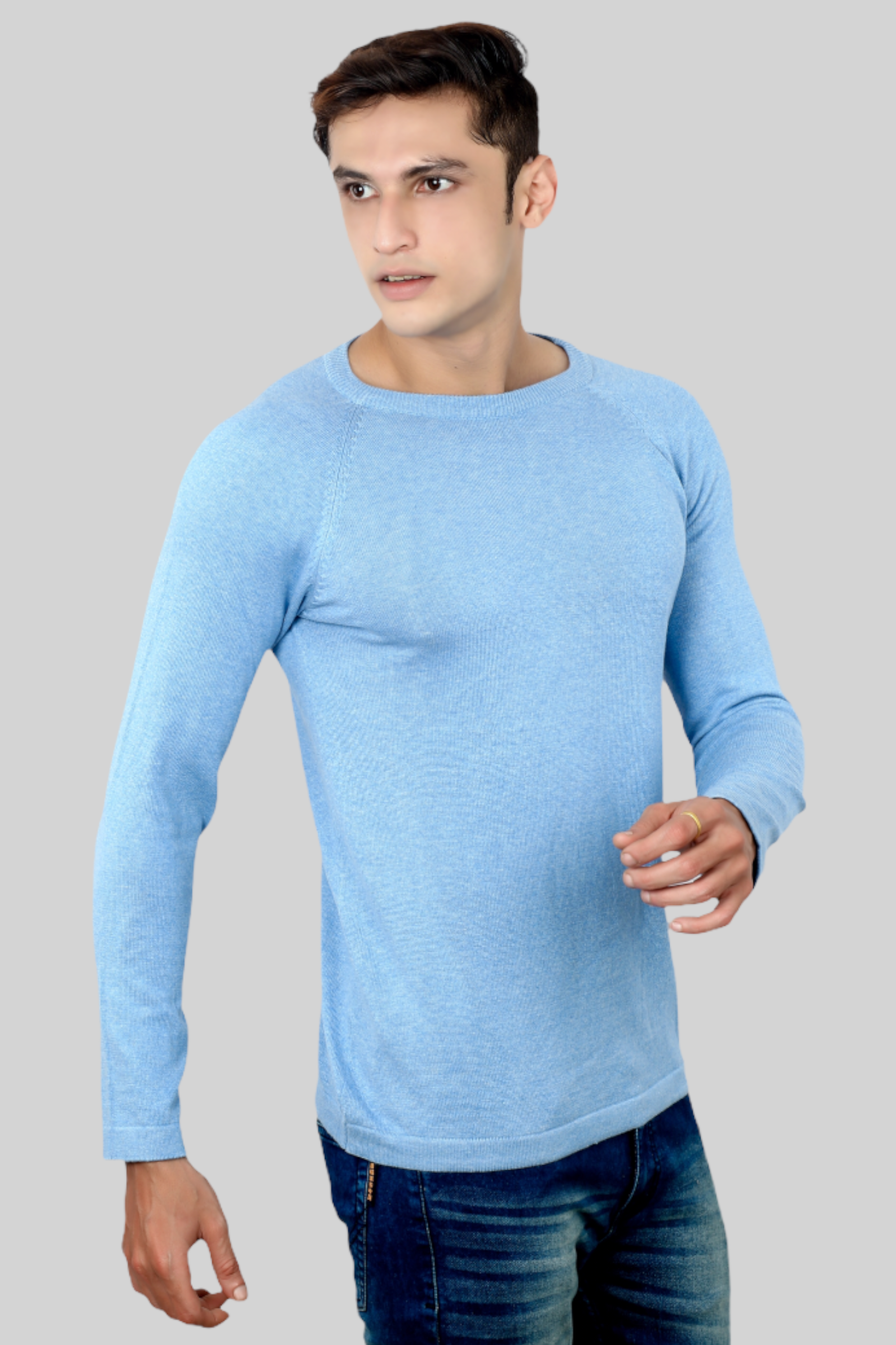 Mens Aqua Blue Flat Knit Full Sleeve round neck T-shirt