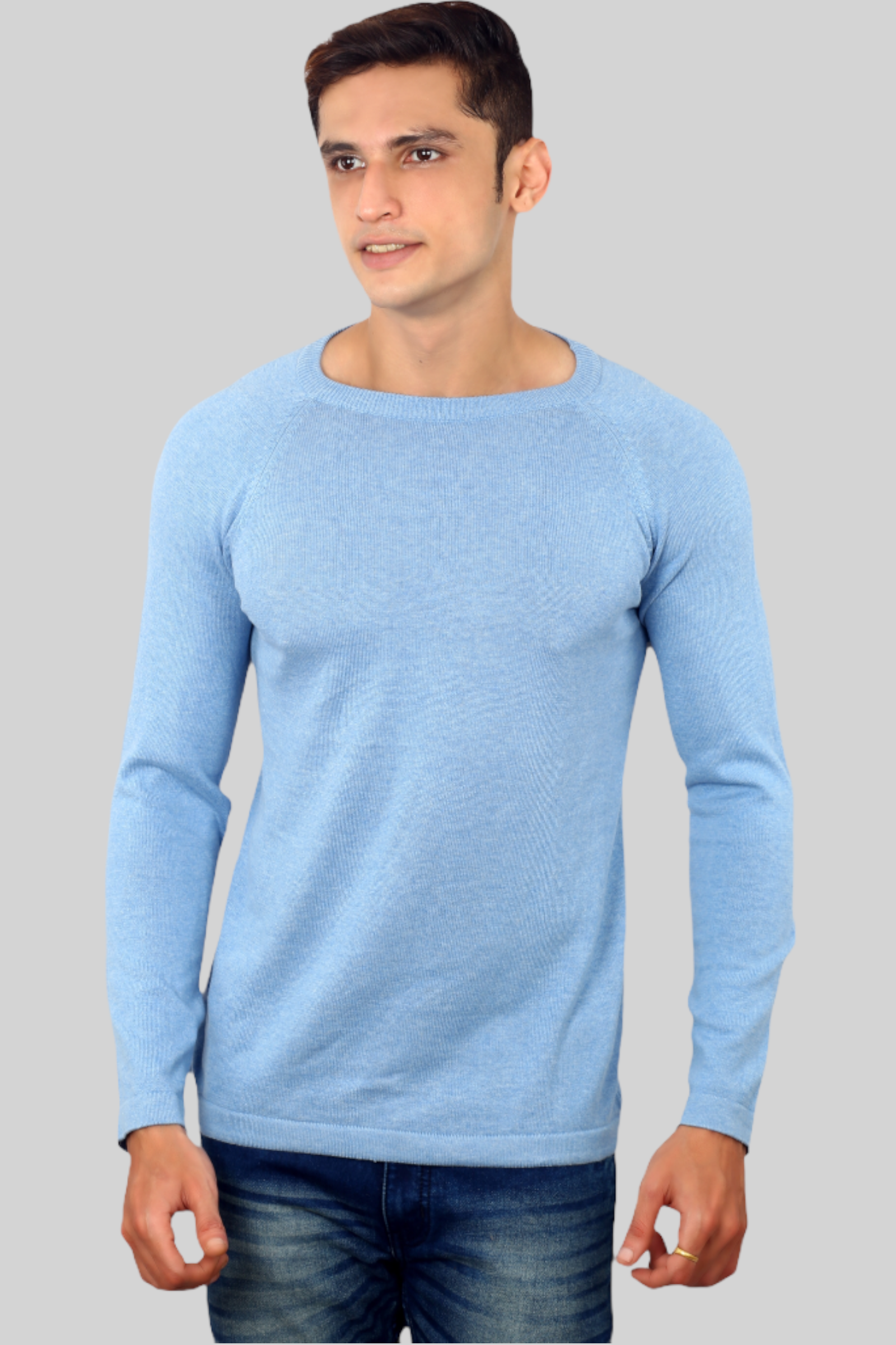 Mens Aqua Blue Flat Knit Full Sleeve round neck T-shirt