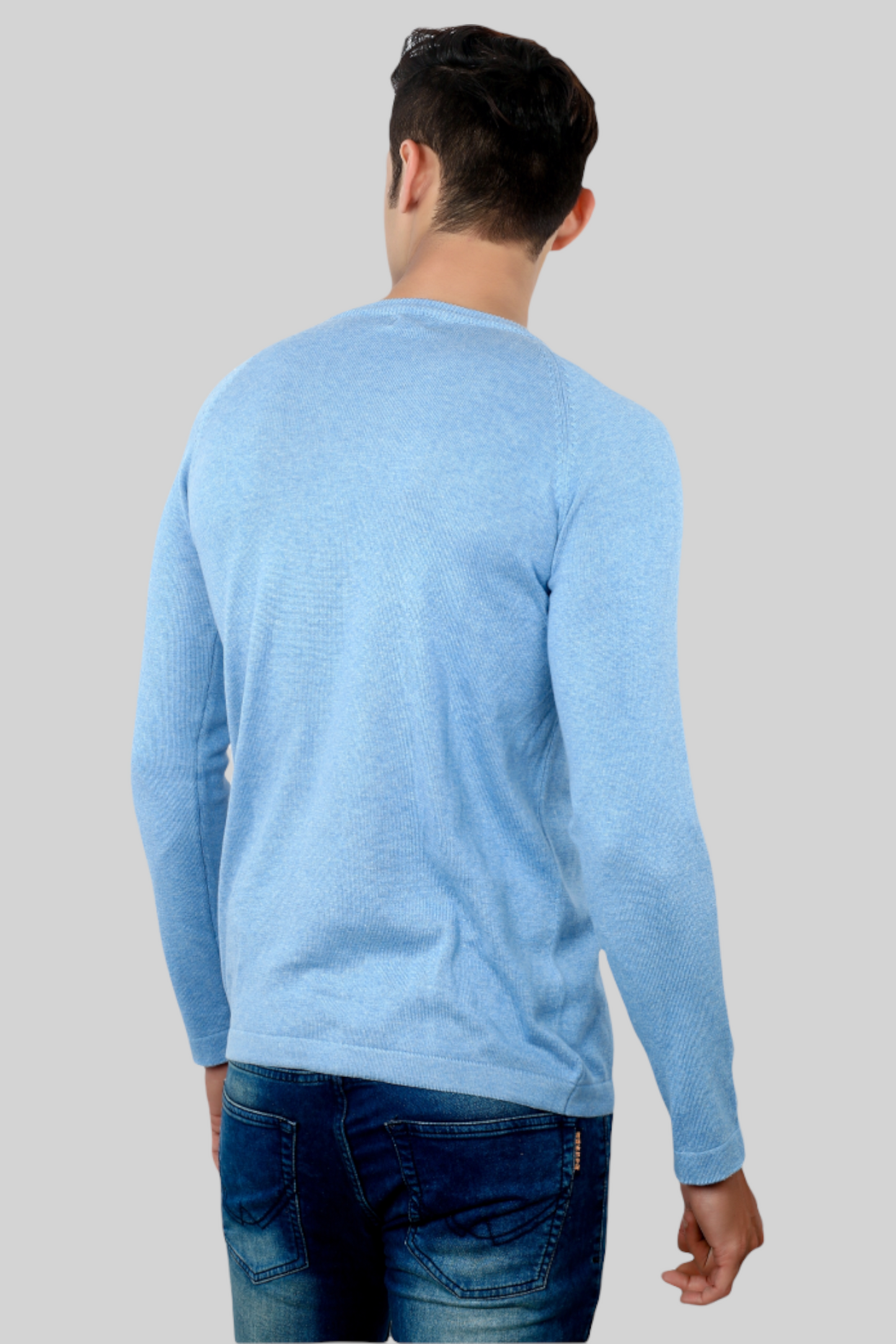 Mens Aqua Blue Flat Knit Full Sleeve round neck T-shirt