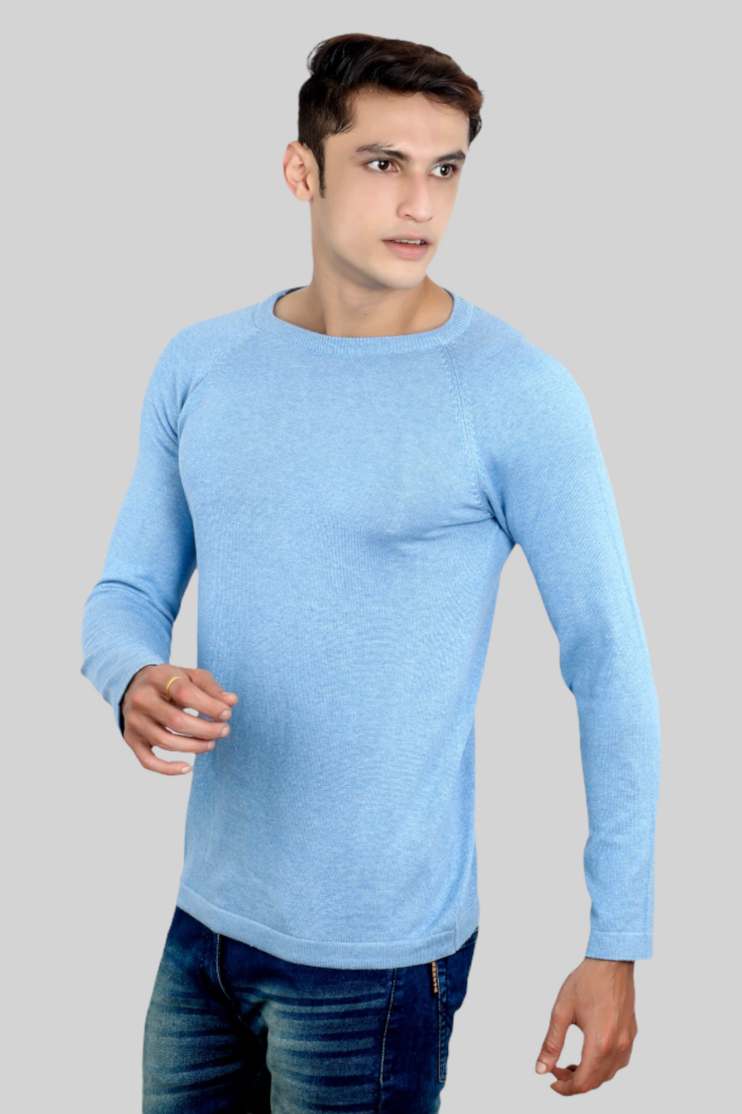 Mens Aqua Blue Flat Knit Full Sleeve round neck T-shirt