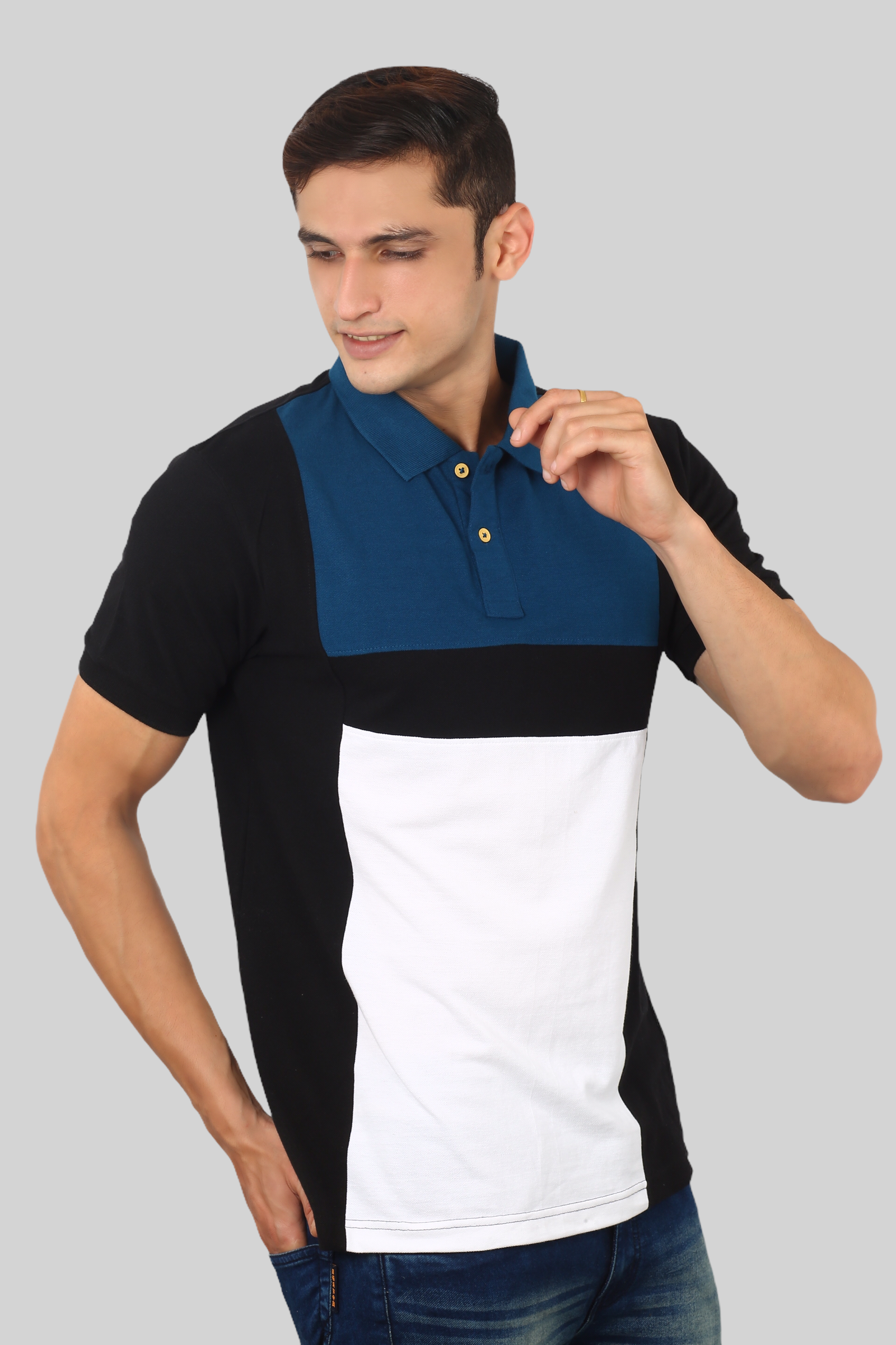 Blue-White Albatross men’s panel color-block cotton Matty collar tshirt