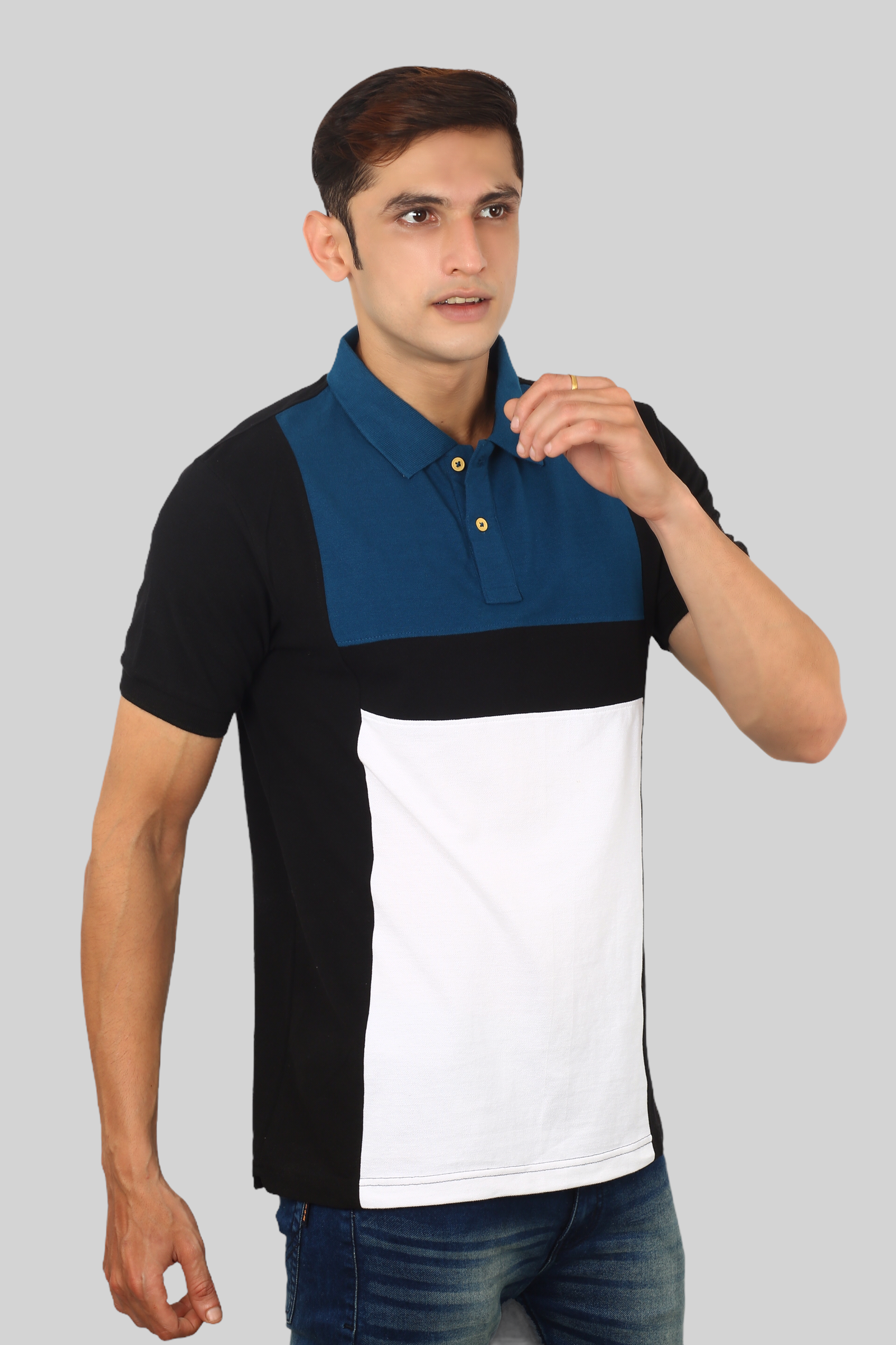 Blue-White Albatross men’s panel color-block cotton Matty collar tshirt