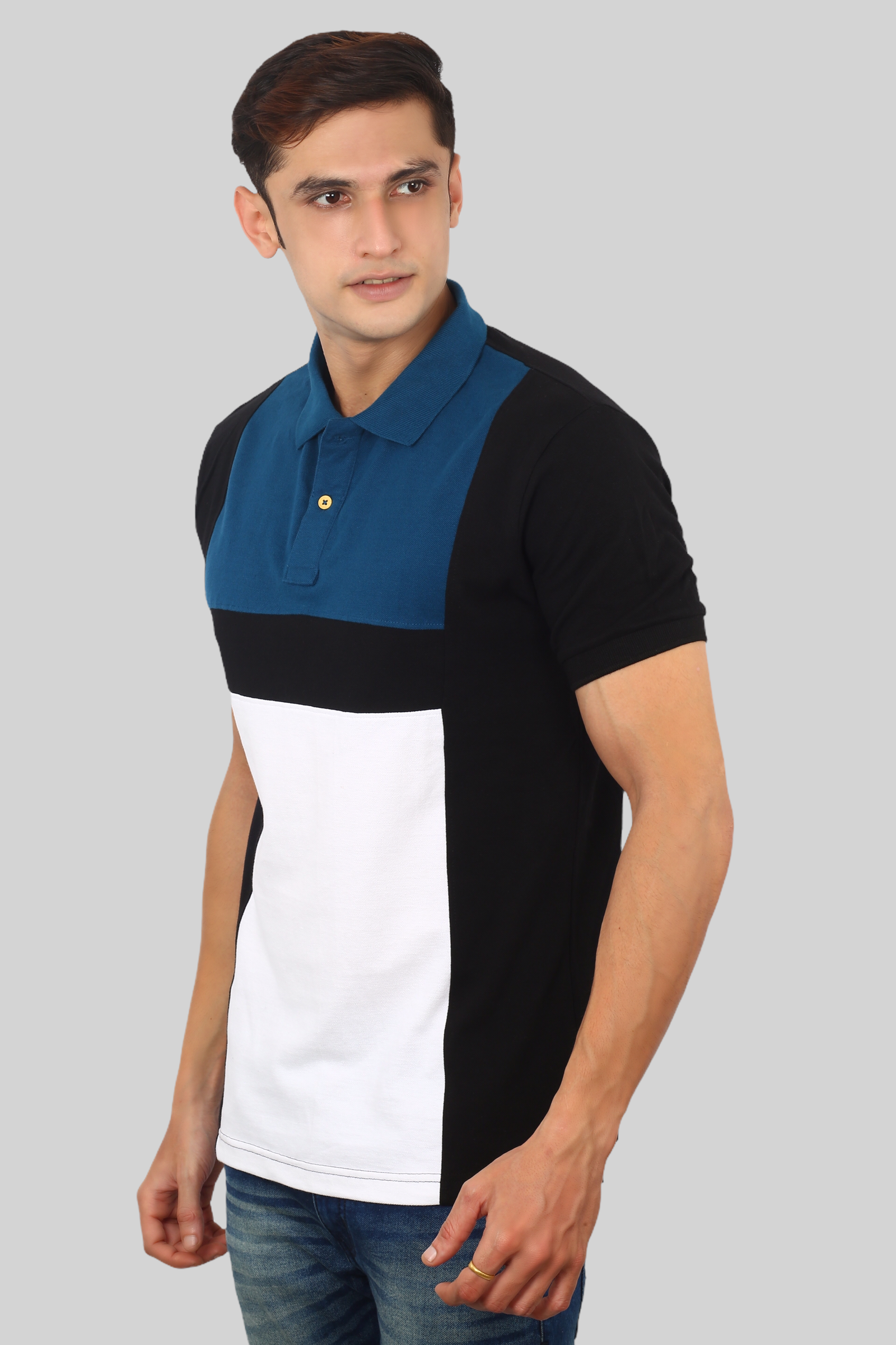 Blue-White Albatross men’s panel color-block cotton Matty collar tshirt