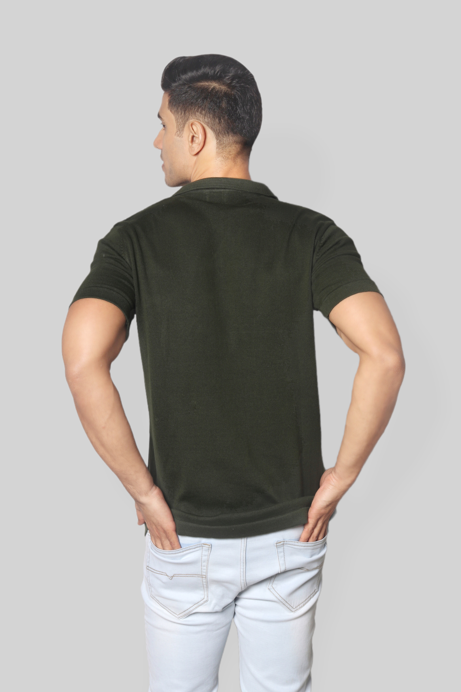 Bottle Green Half Sleeve self textured Flat Knit Collar T-Shirt