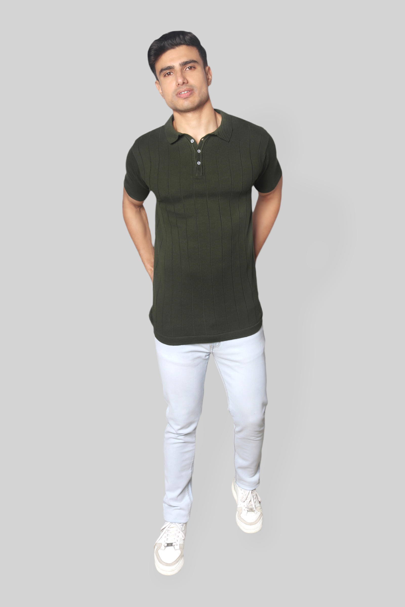 Bottle Green Half Sleeve self textured Flat Knit Collar T-Shirt