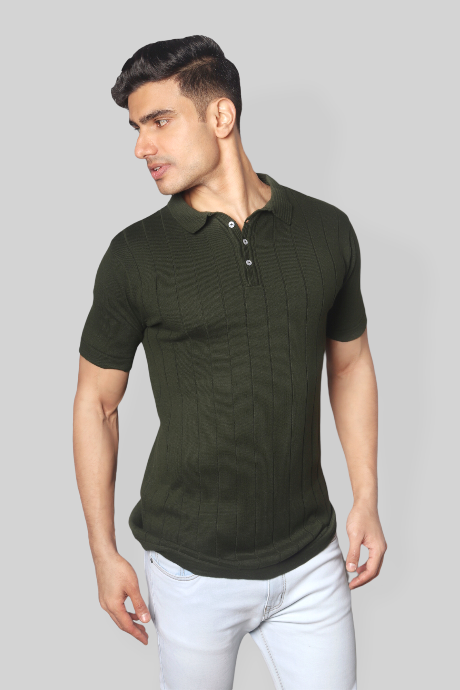 Bottle Green Half Sleeve self textured Flat Knit Collar T-Shirt