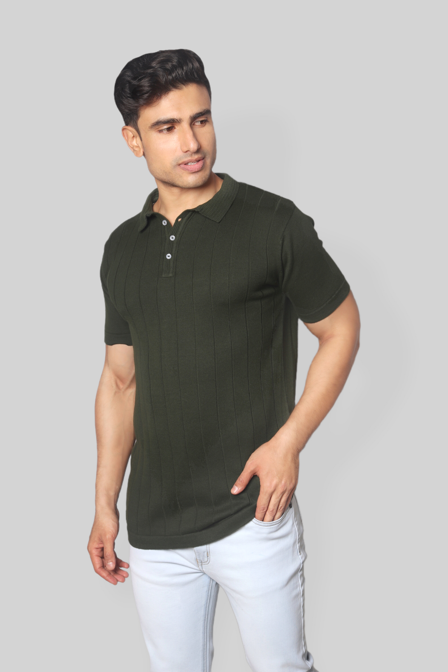Bottle Green Half Sleeve self textured Flat Knit Collar T-Shirt
