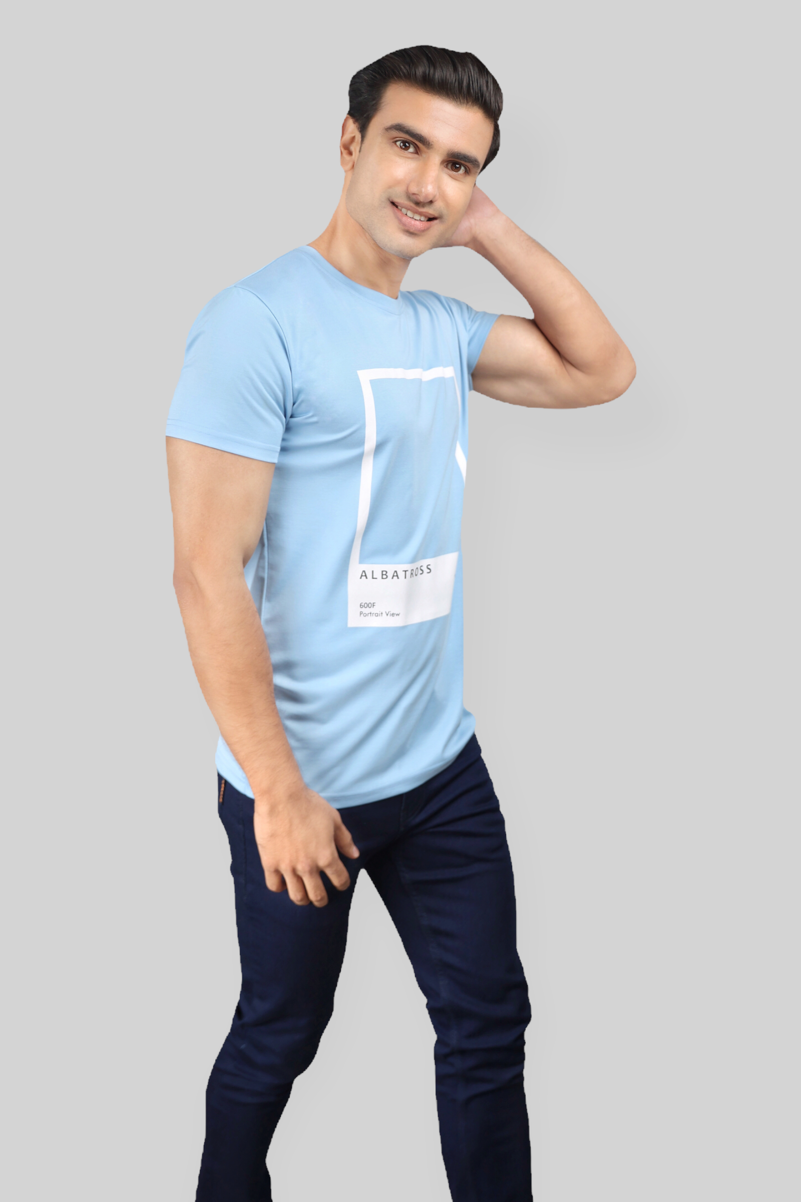 Classic Italian Sky blue portrait printed T-shirt for men