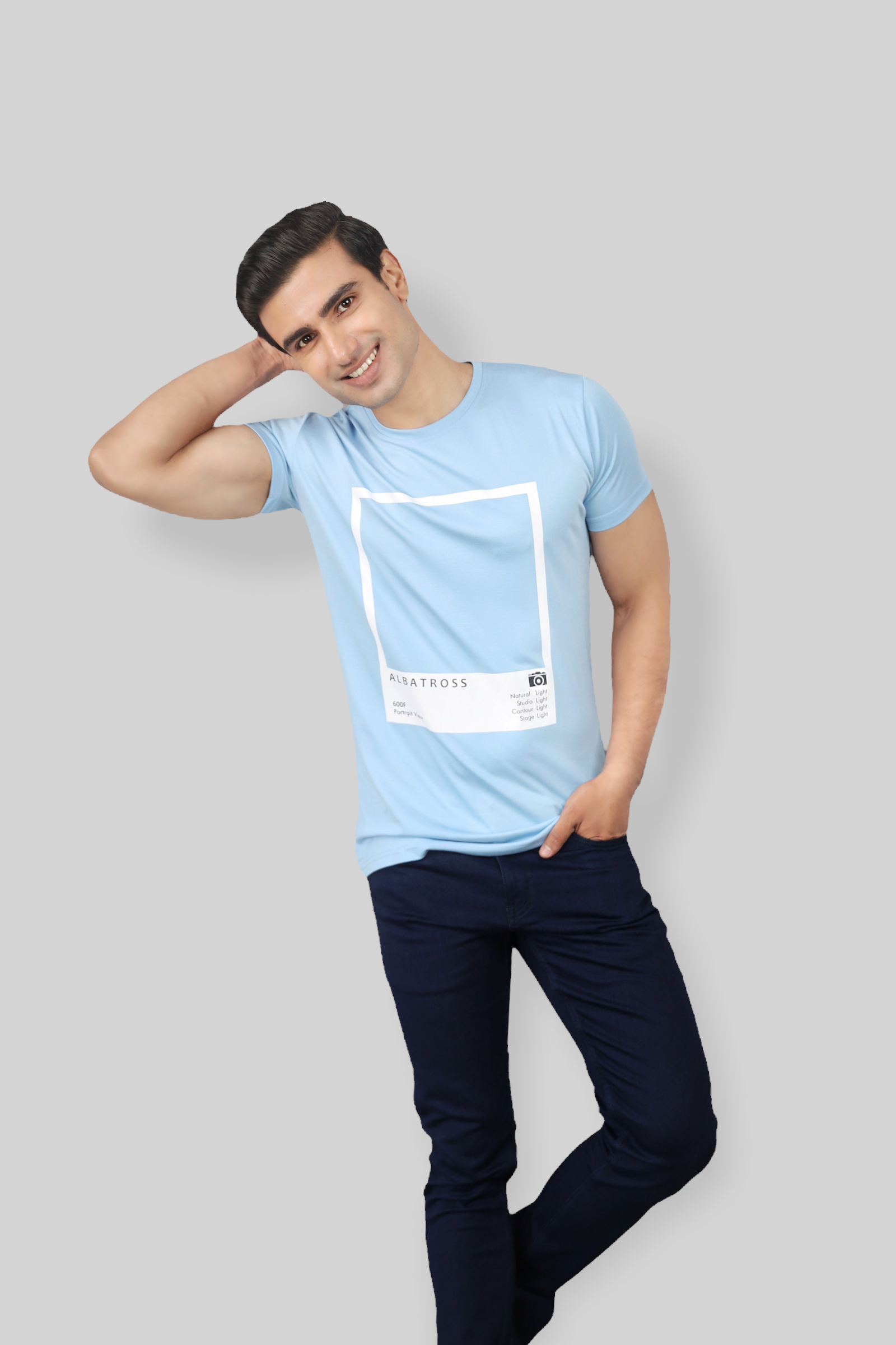 Classic Italian Sky blue portrait printed T-shirt for men