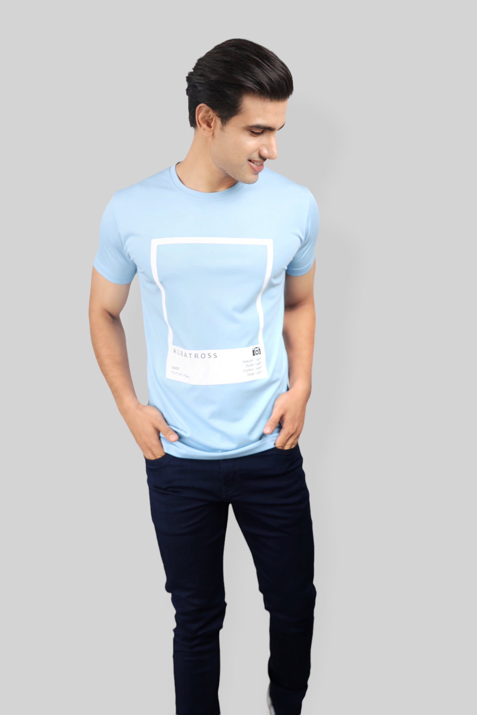 Classic Italian Sky blue portrait printed T-shirt for men