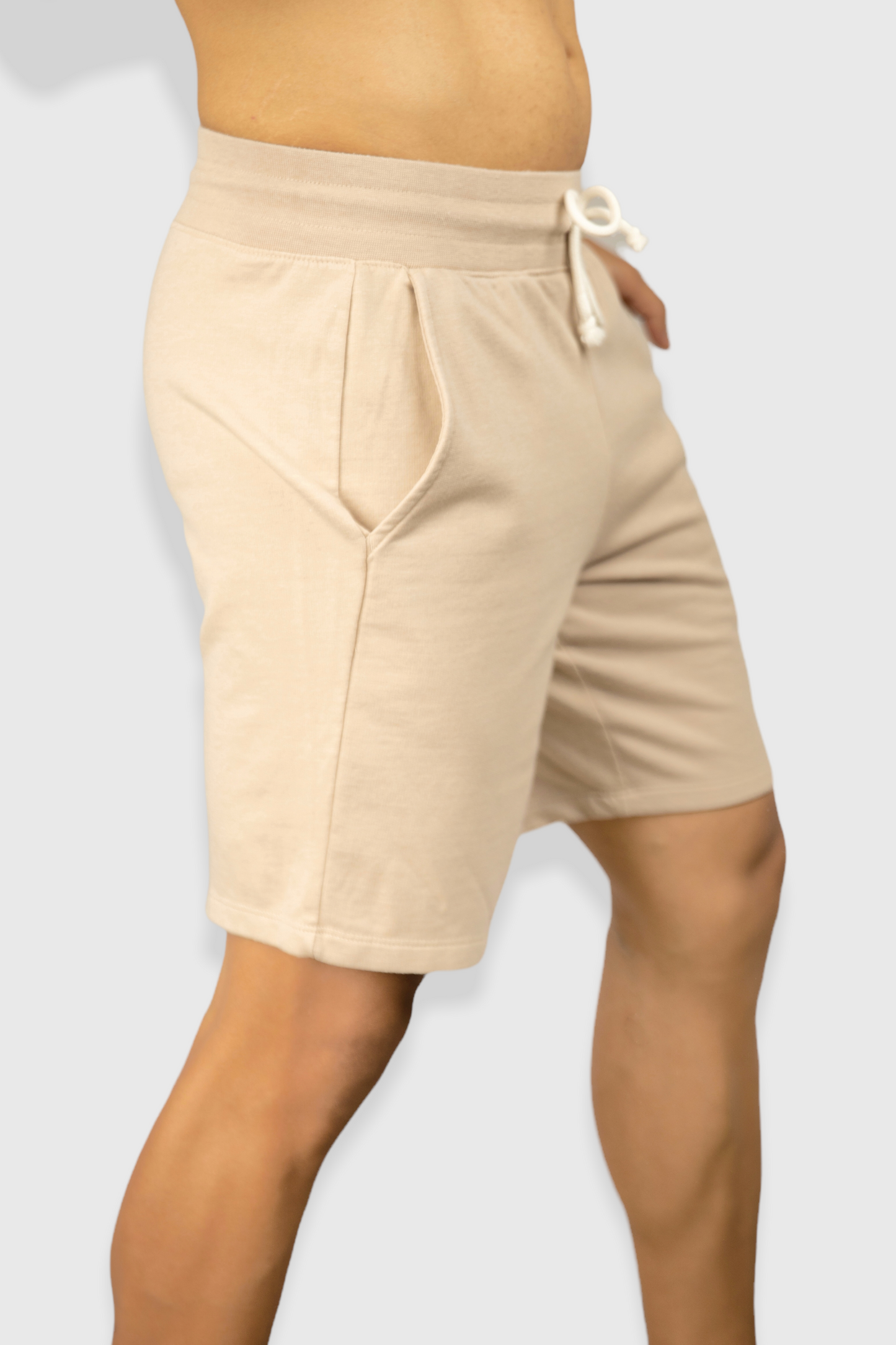 Cream casual cotton fleece shorts for men