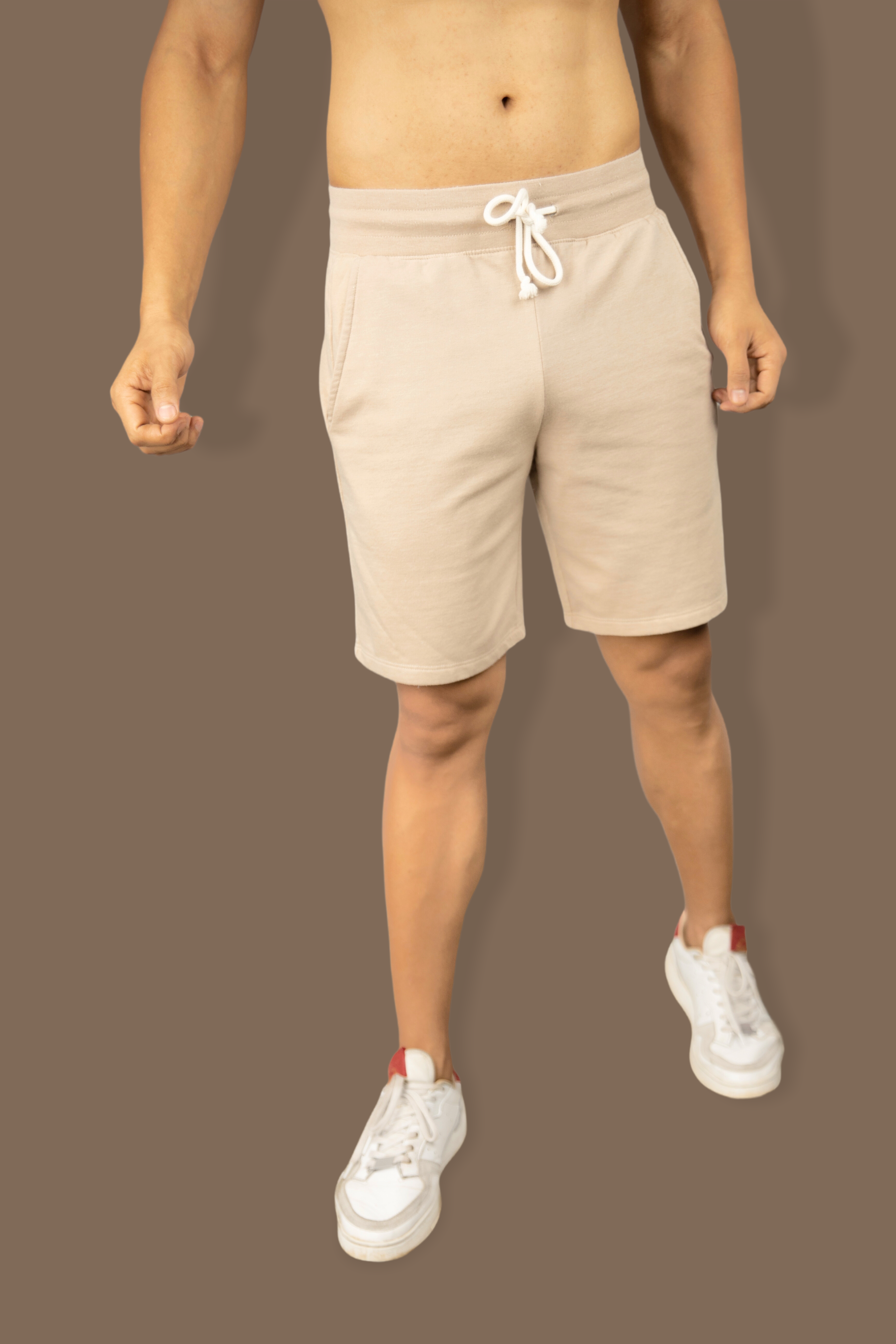 Cream casual cotton fleece shorts for men