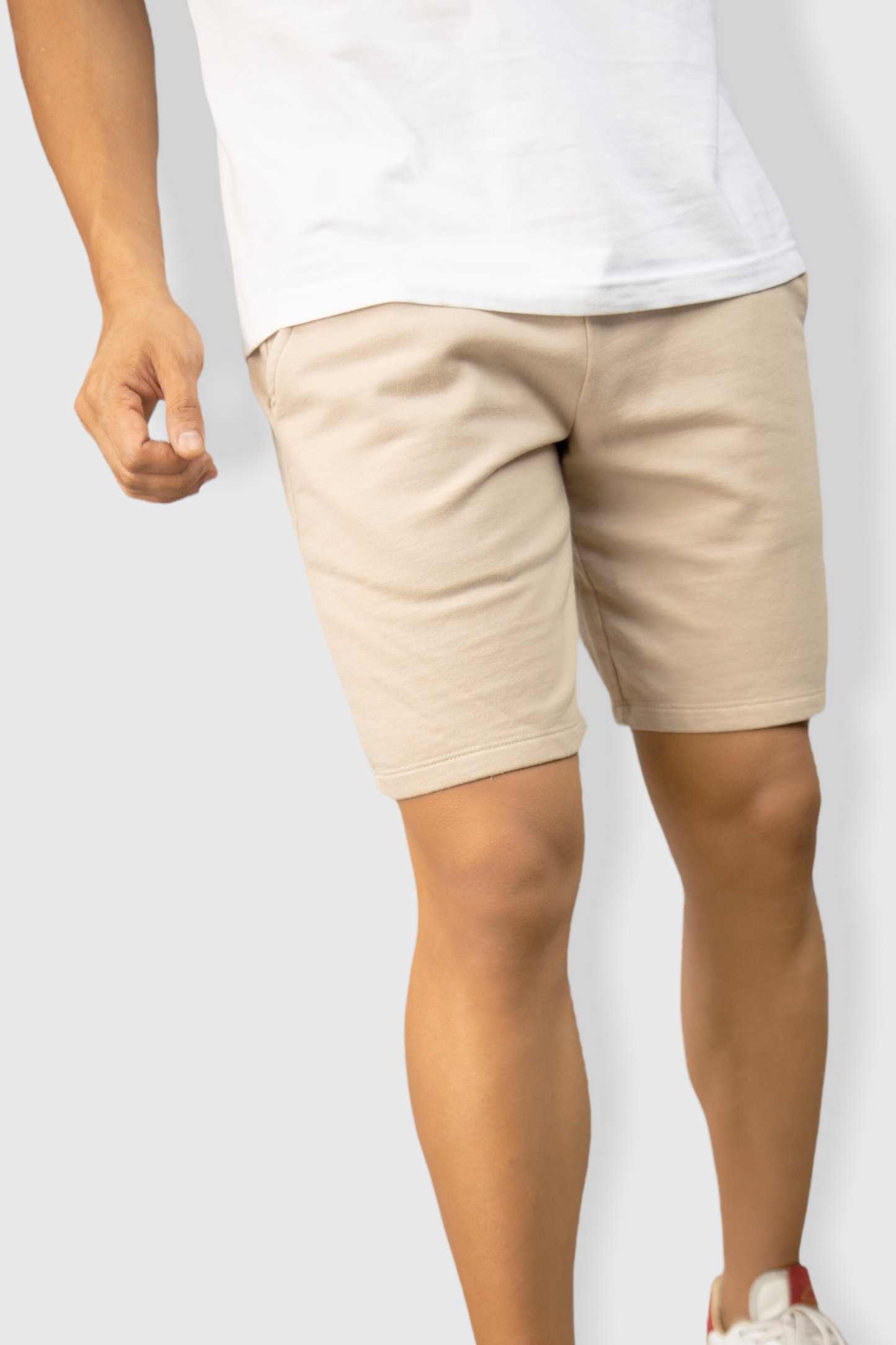 Cream casual cotton fleece shorts for men