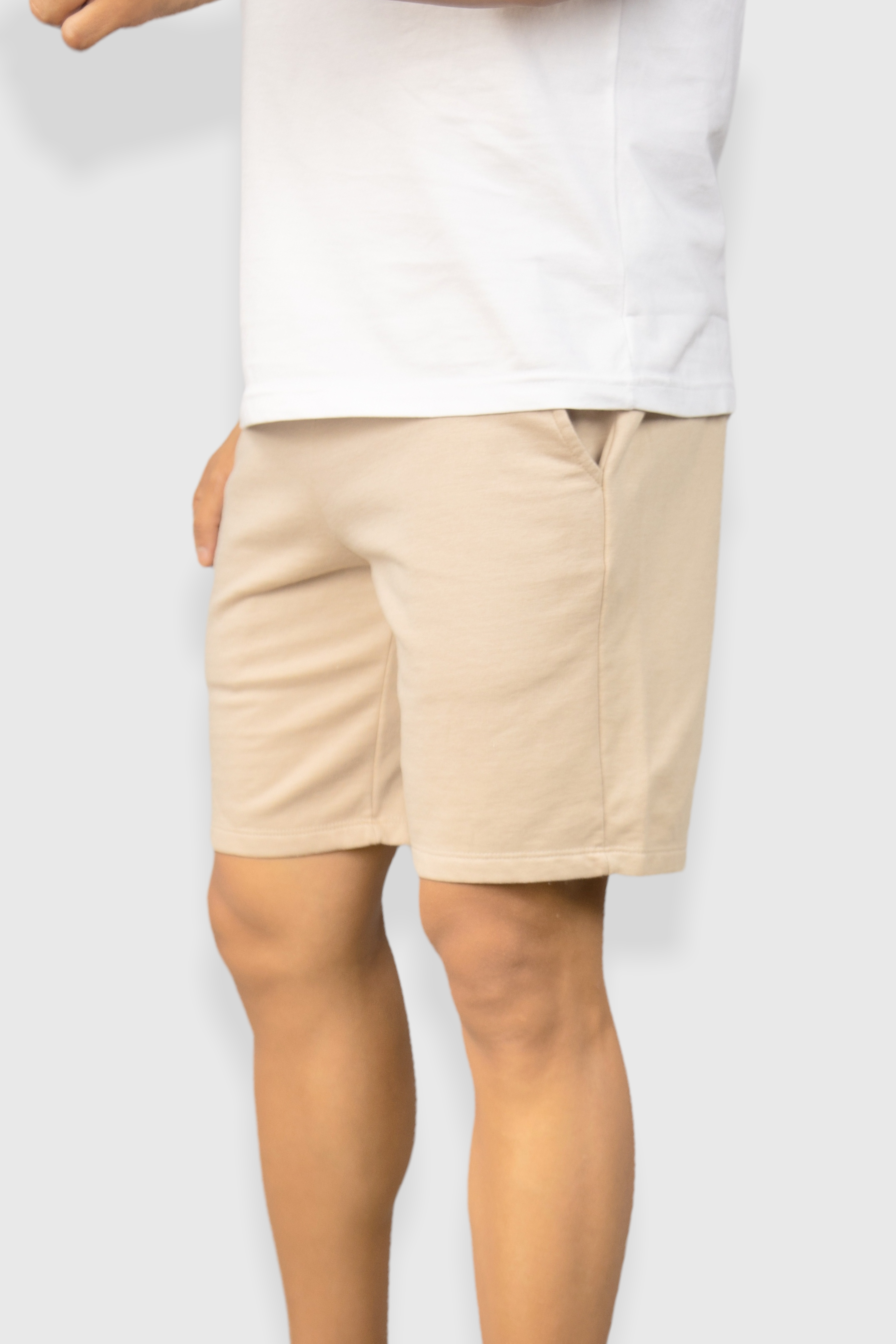 Cream casual cotton fleece shorts for men