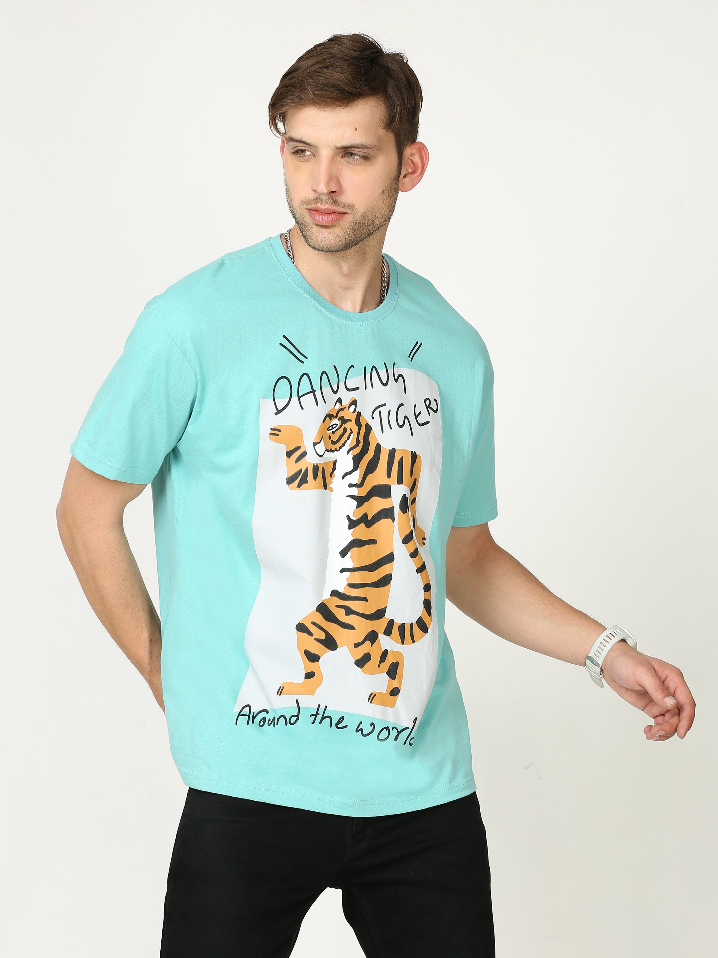 Aqua marine dancing tiger Printed Oversized T-shirt
