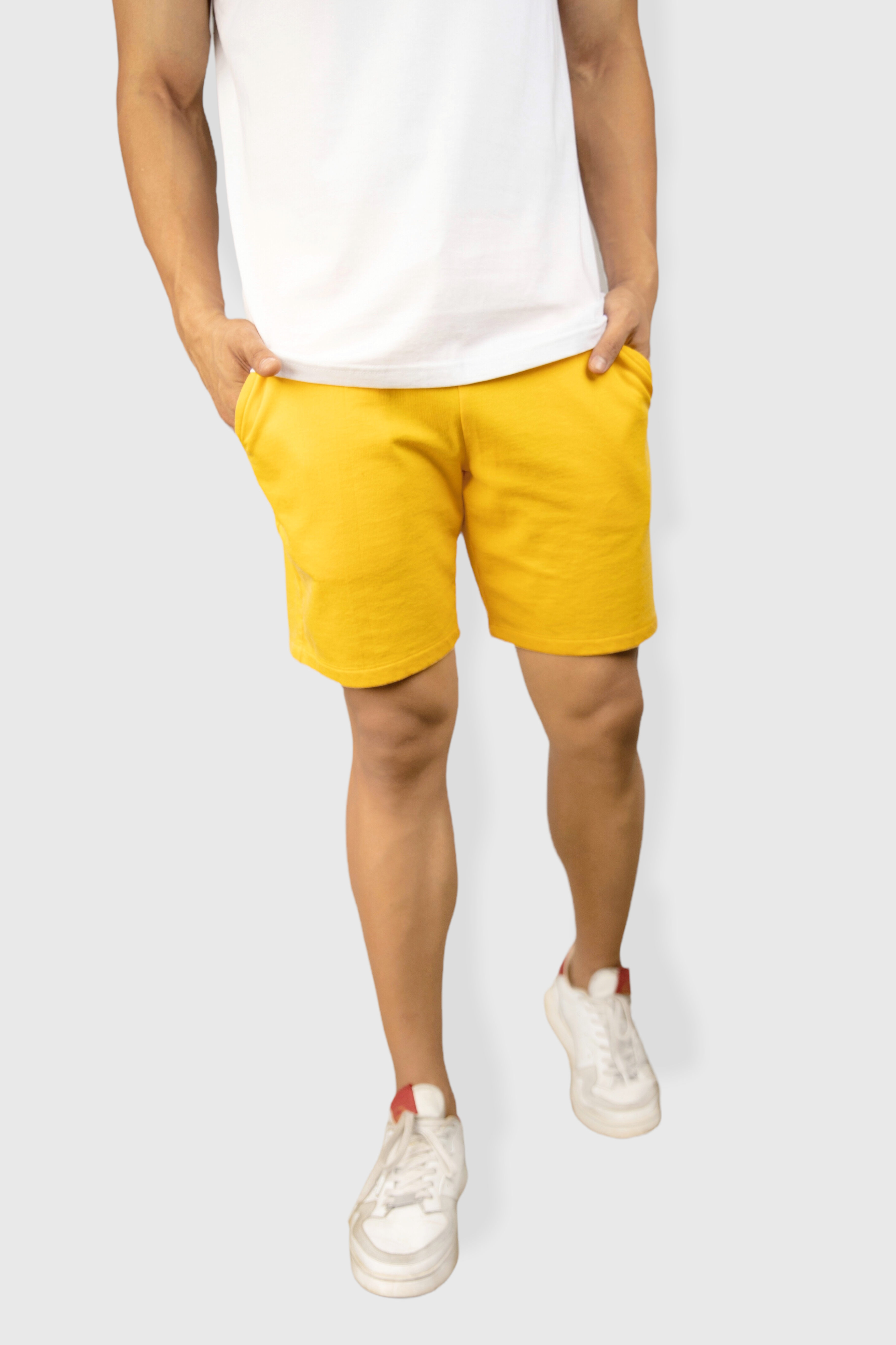 Dark Yellow casual cotton fleece shorts for men