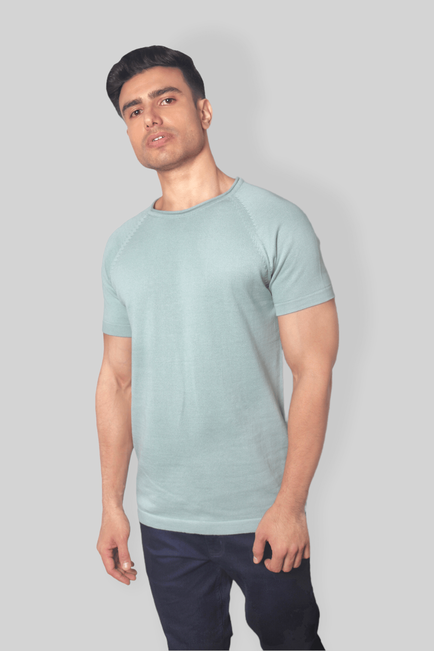 Pastel Green Half Sleeve rough neck Flat Knit T-Shirt for men