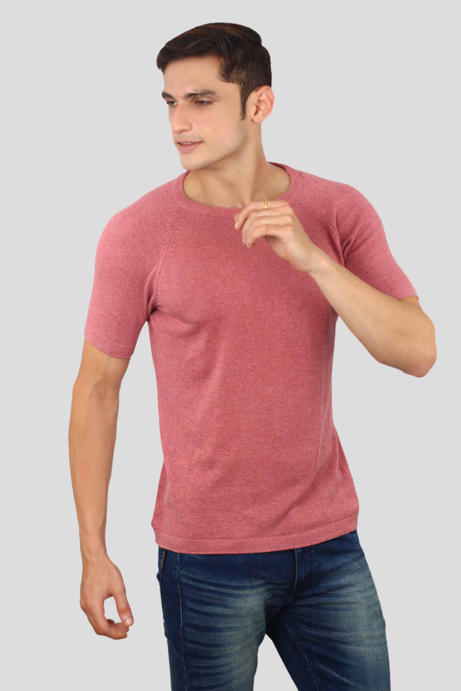 Dark Pink Half Sleeve Flat Knit round neck T-Shirt