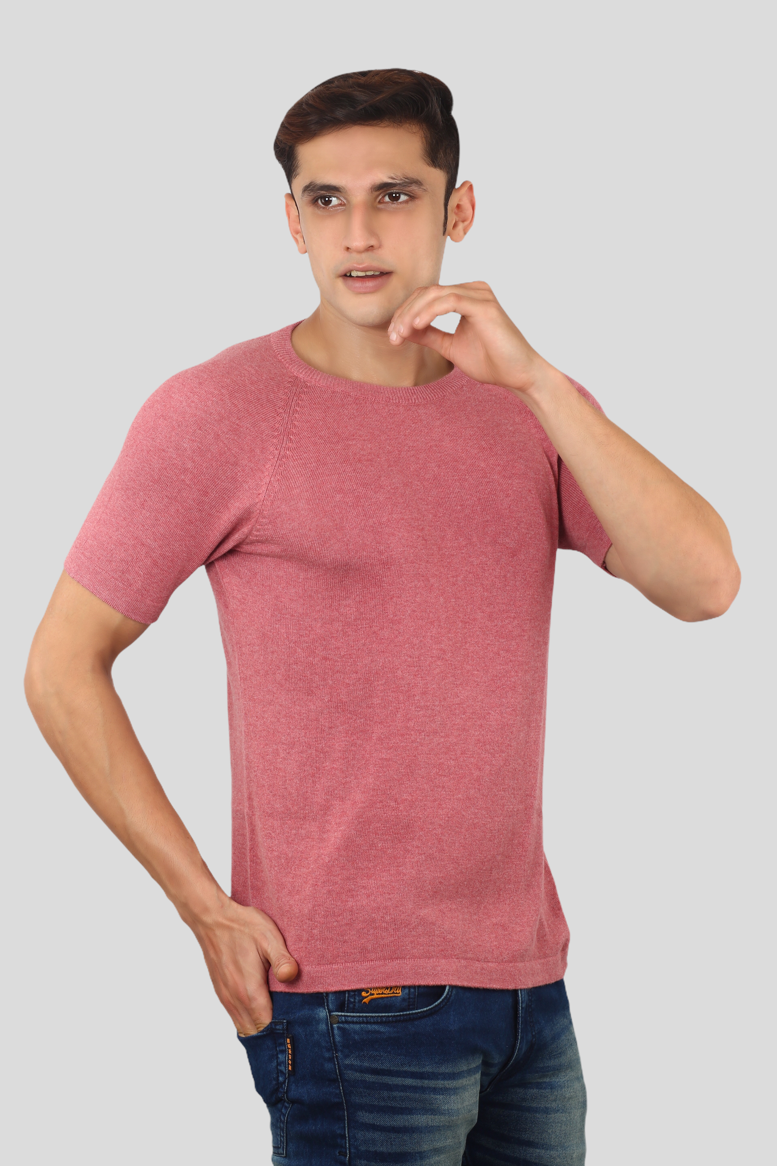 Dark Pink Half Sleeve Flat Knit round neck T-Shirt