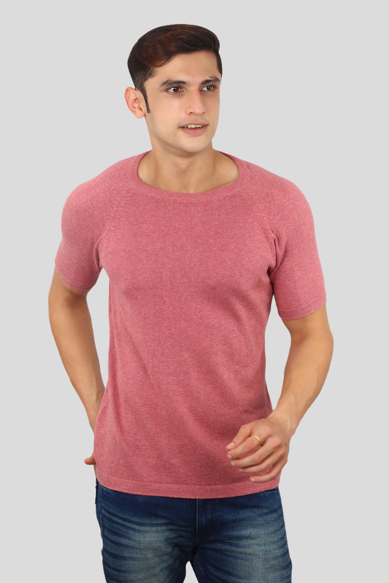 Dark Pink Half Sleeve Flat Knit round neck T-Shirt