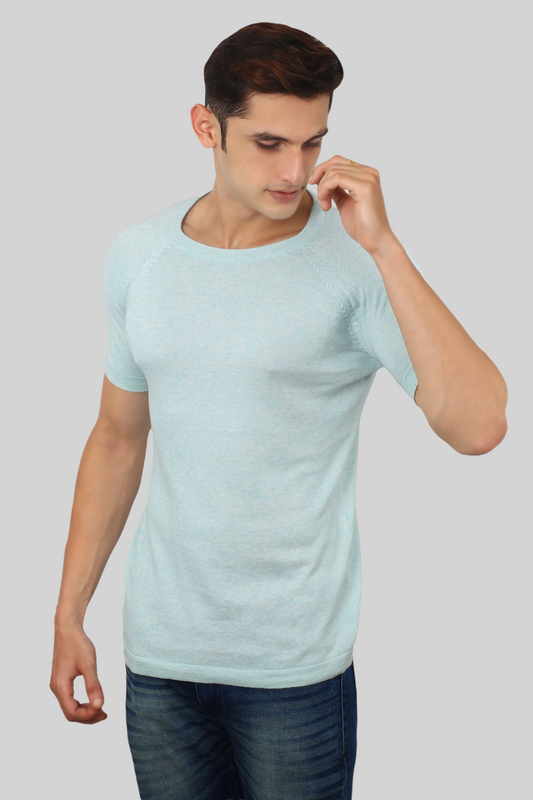 Sky Blue Half Sleeve Flat Knit round neck T-Shirt mens