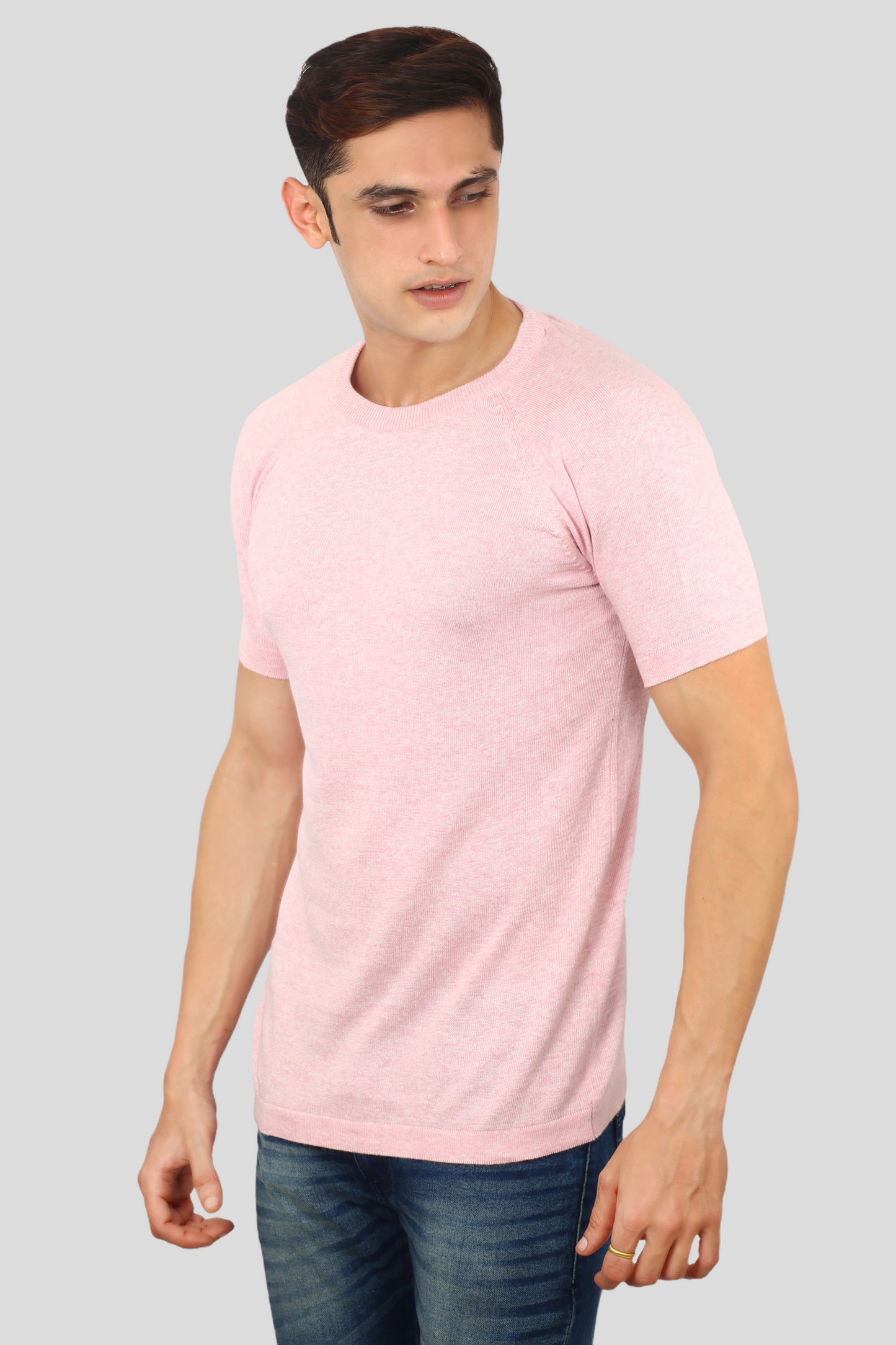 Light Pink Half Sleeve Flat Knit round neck T-Shirt