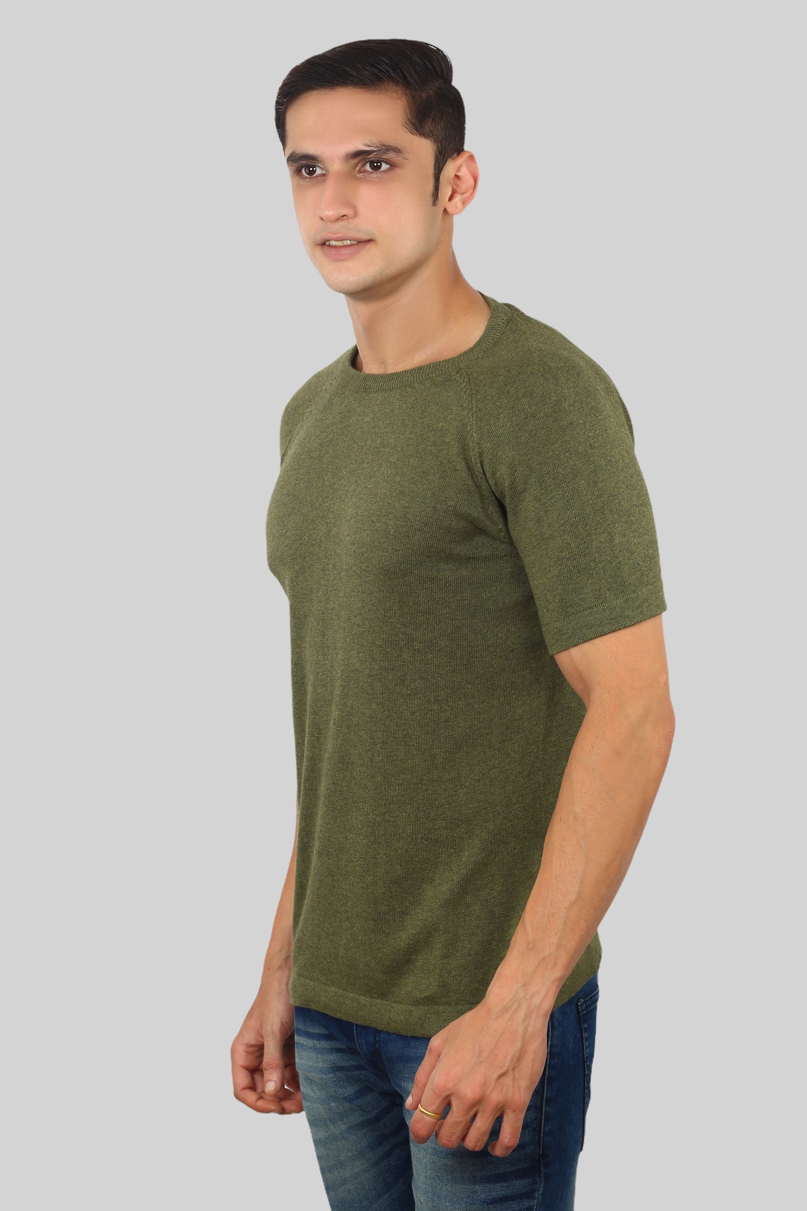 Military Green Half Sleeve Flat Knit round neck T-Shirt