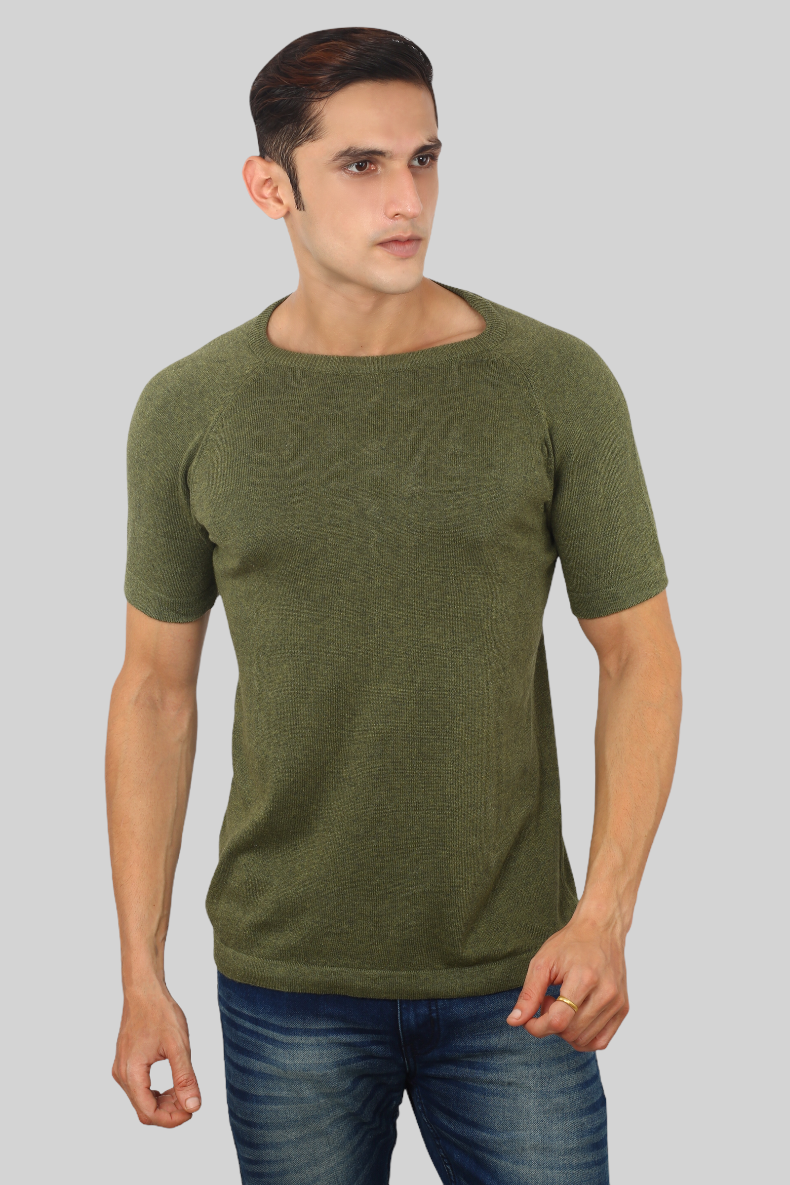 Military Green Half Sleeve Flat Knit round neck T-Shirt