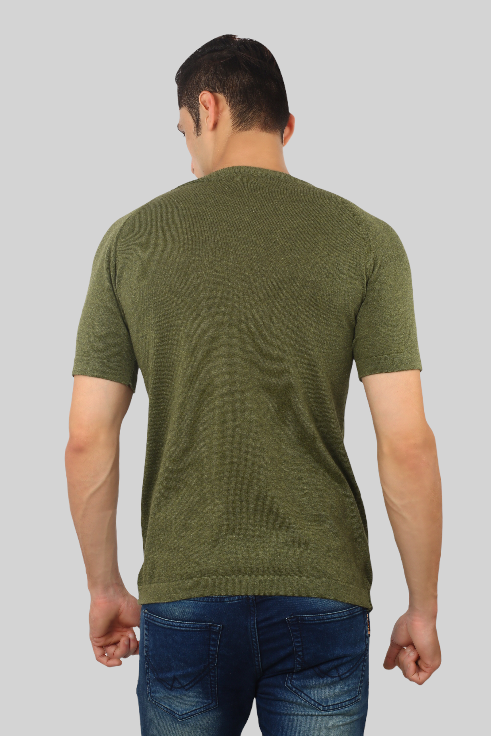 Military Green Half Sleeve Flat Knit round neck T-Shirt