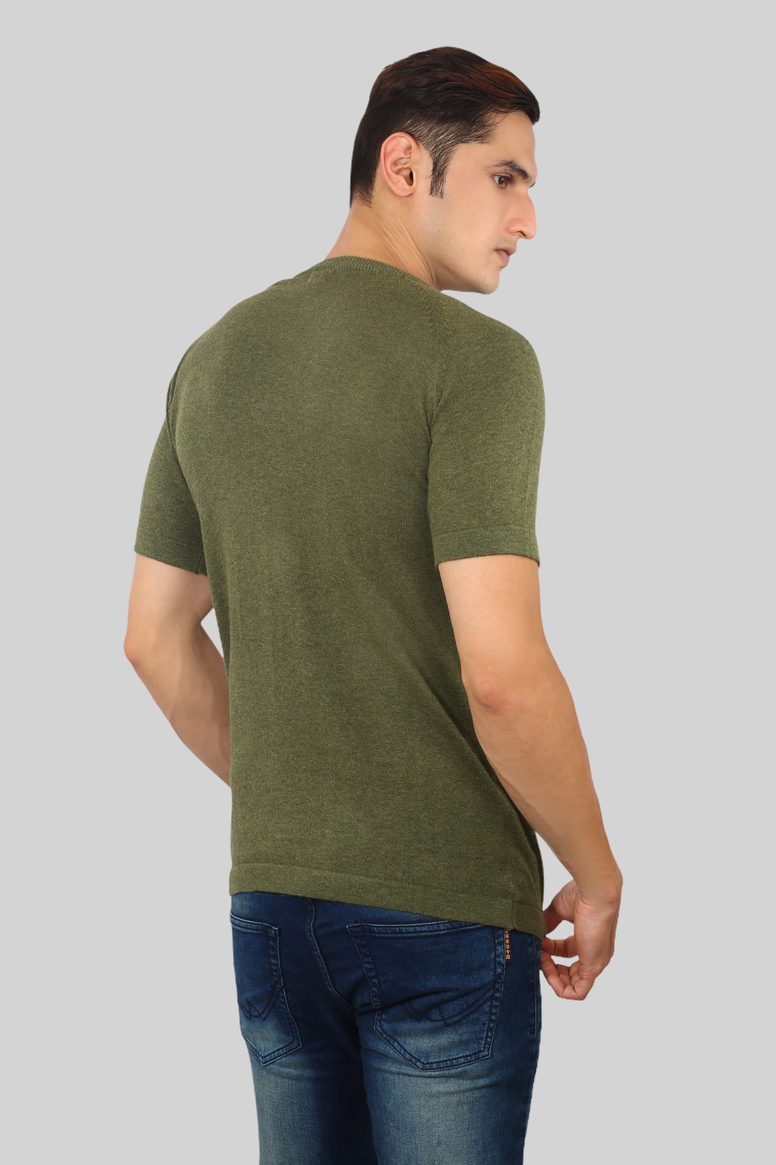 Military Green Half Sleeve Flat Knit round neck T-Shirt