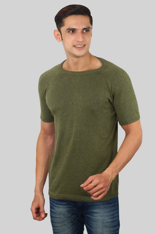 Military Green Half Sleeve Flat Knit round neck T-Shirt