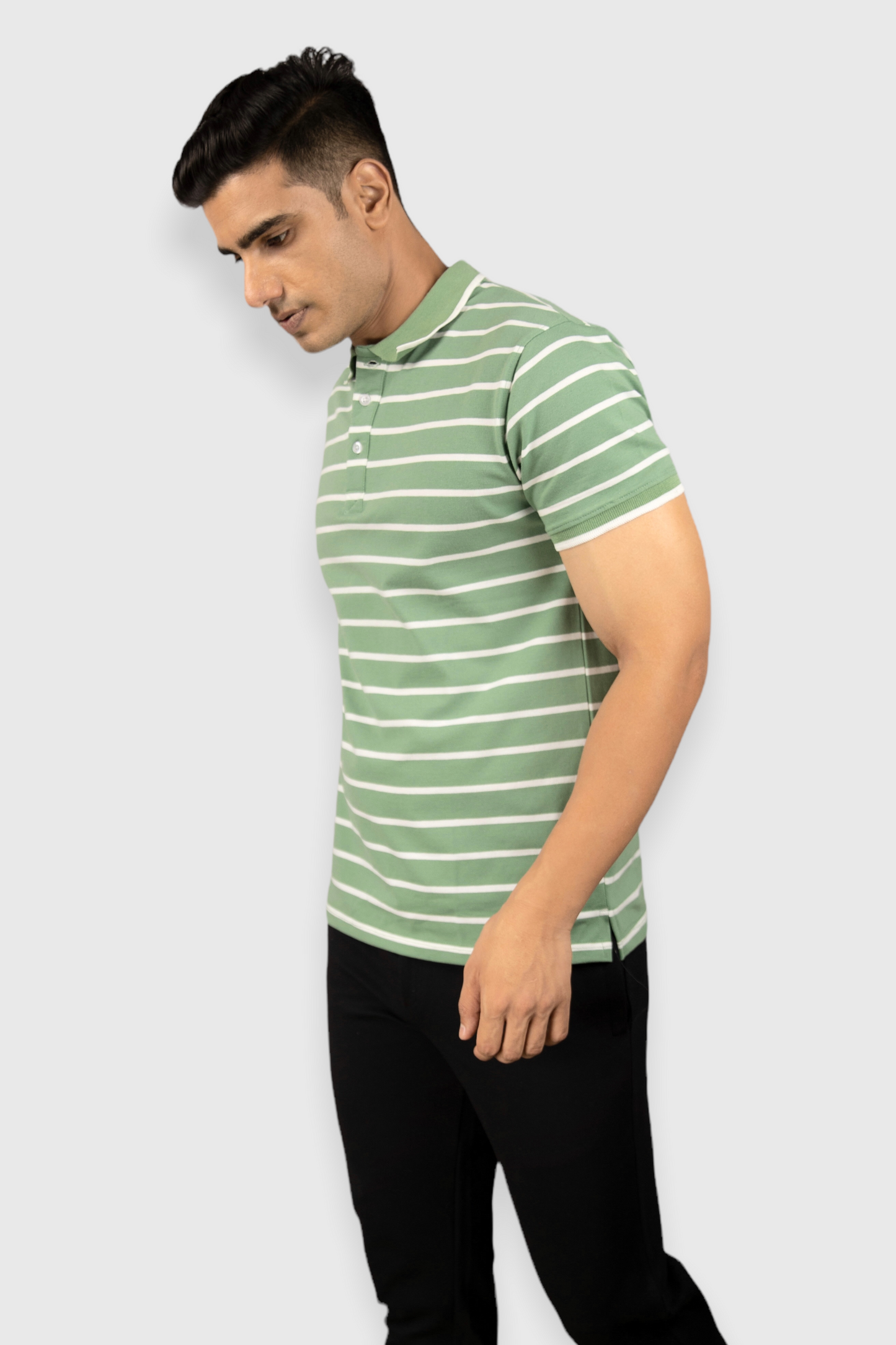 Albatross men’s pista Green stripe cotton Matty collar tshirt