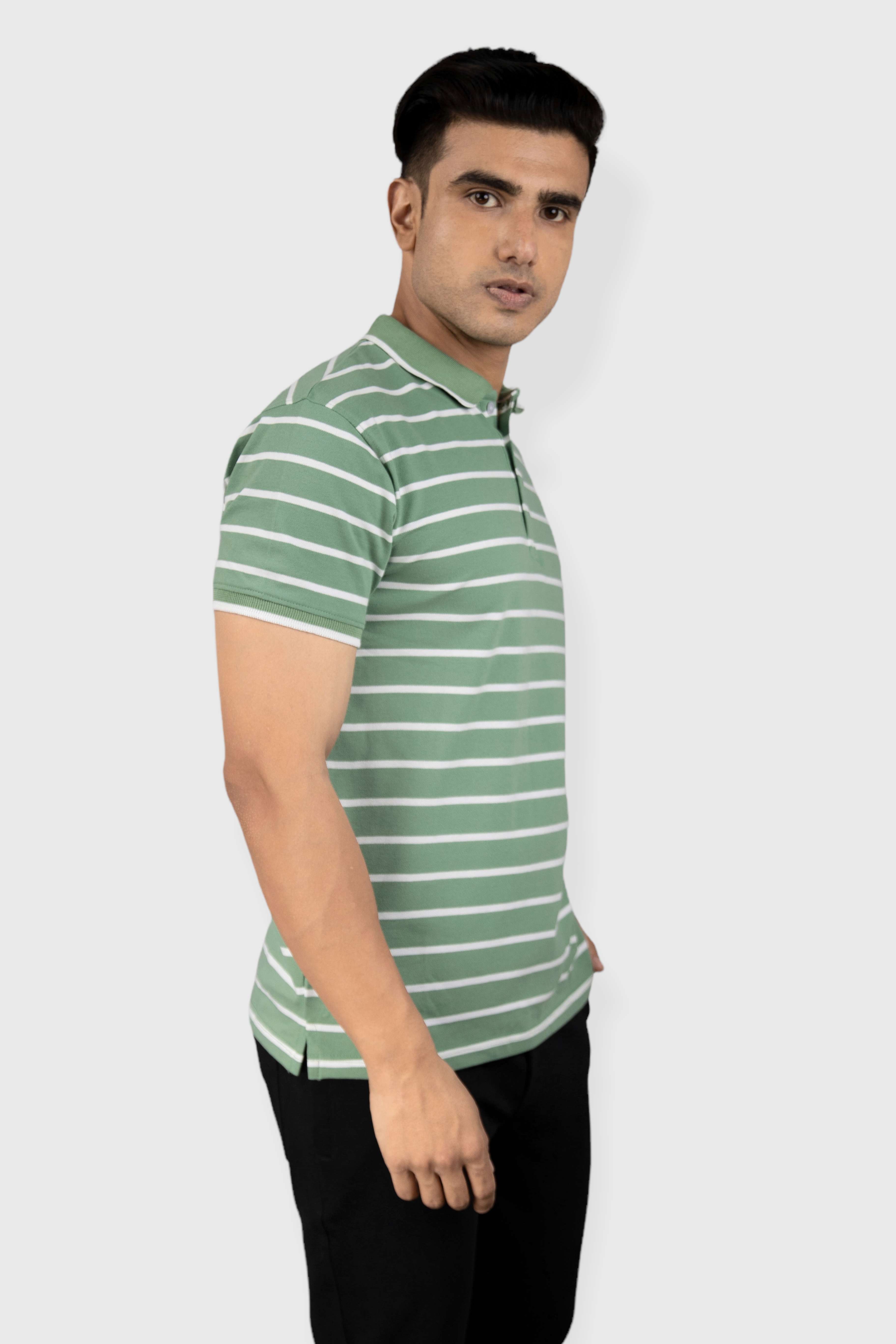 Albatross men’s pista Green stripe cotton Matty collar tshirt